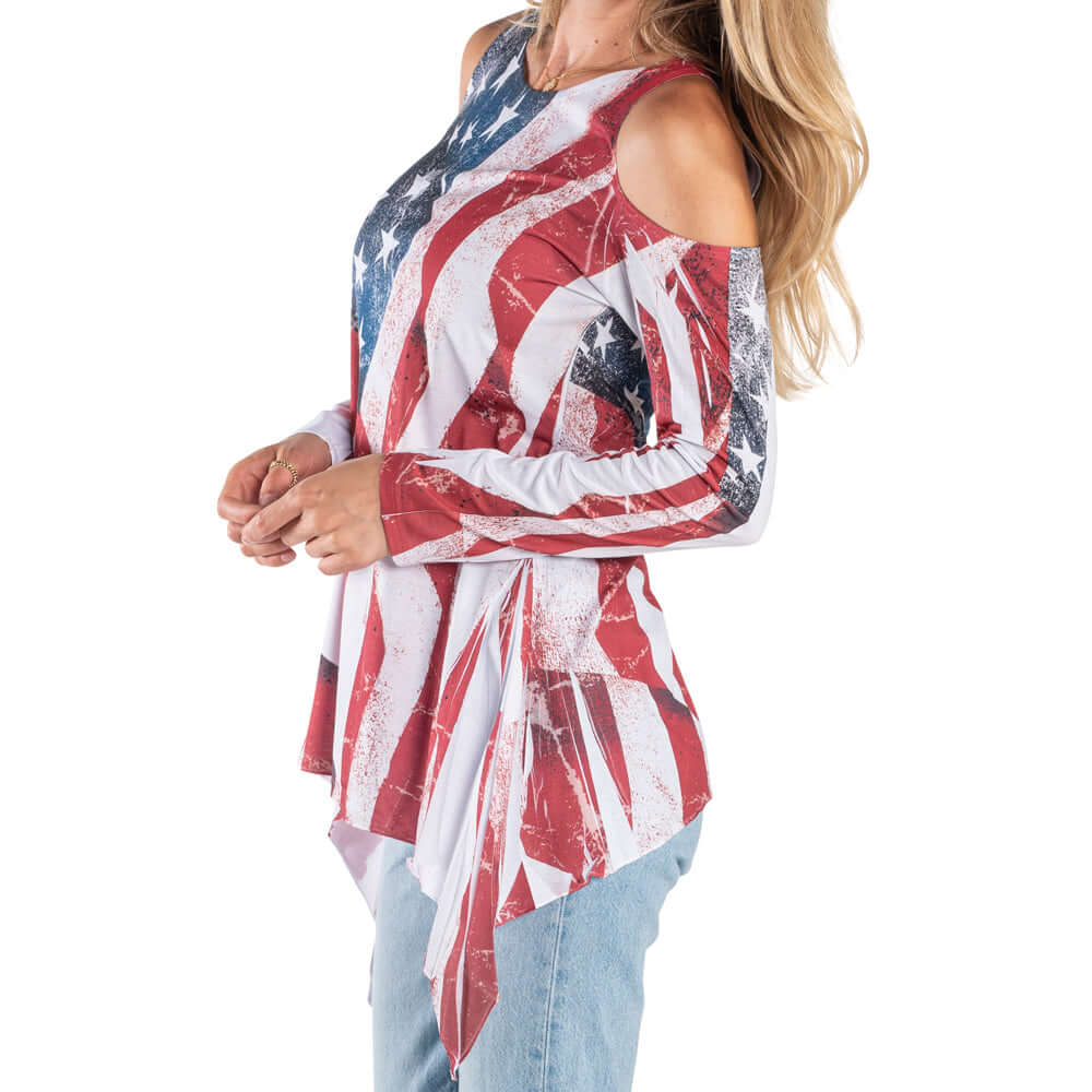 Freedom Flow Cold Shoulder Tunic - Women's American Flag Made in USA Top - PatriotDepot.com