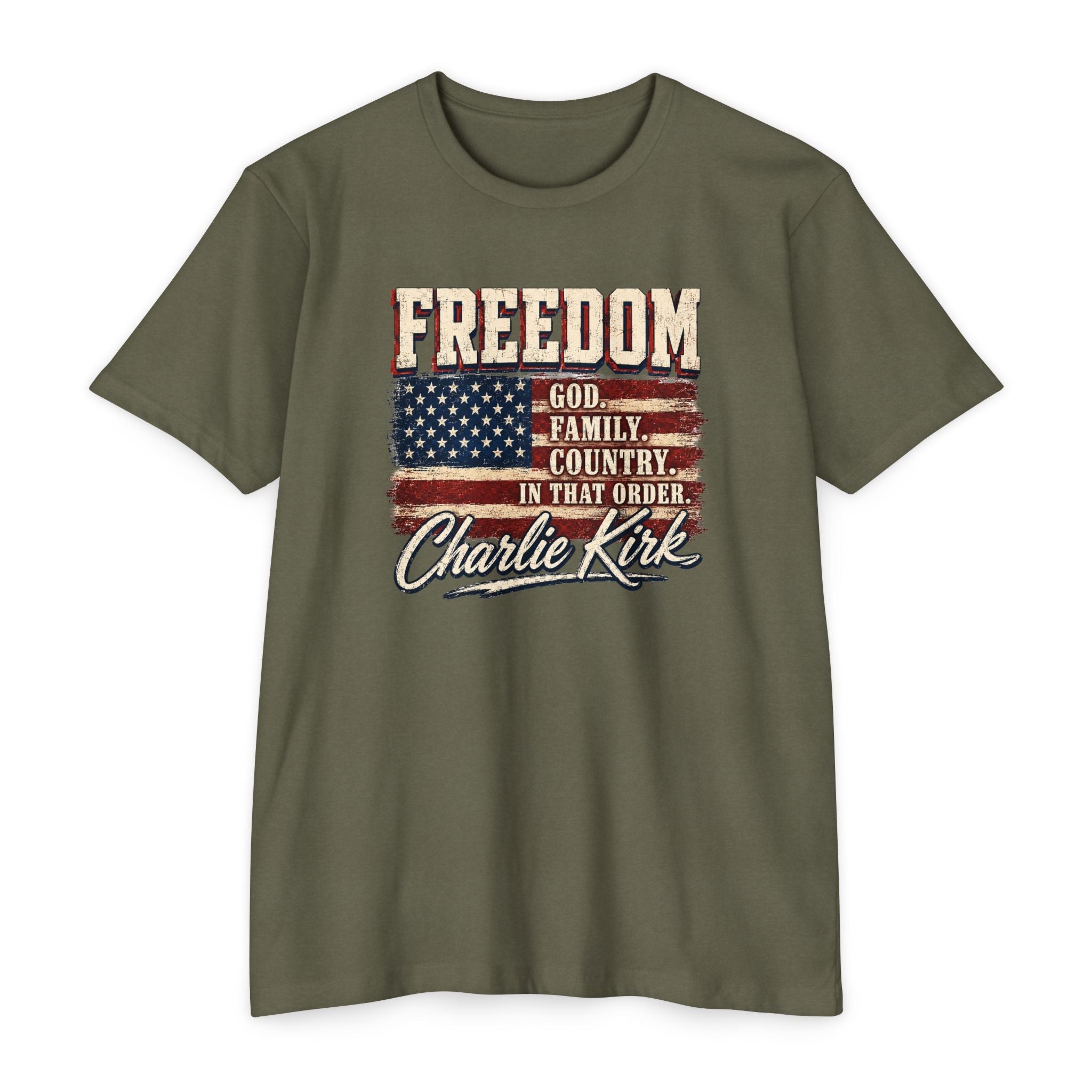 "Freedom: God, Family, Country" Charlie Kirk Patriotic T-Shirt - PatriotDepot.com