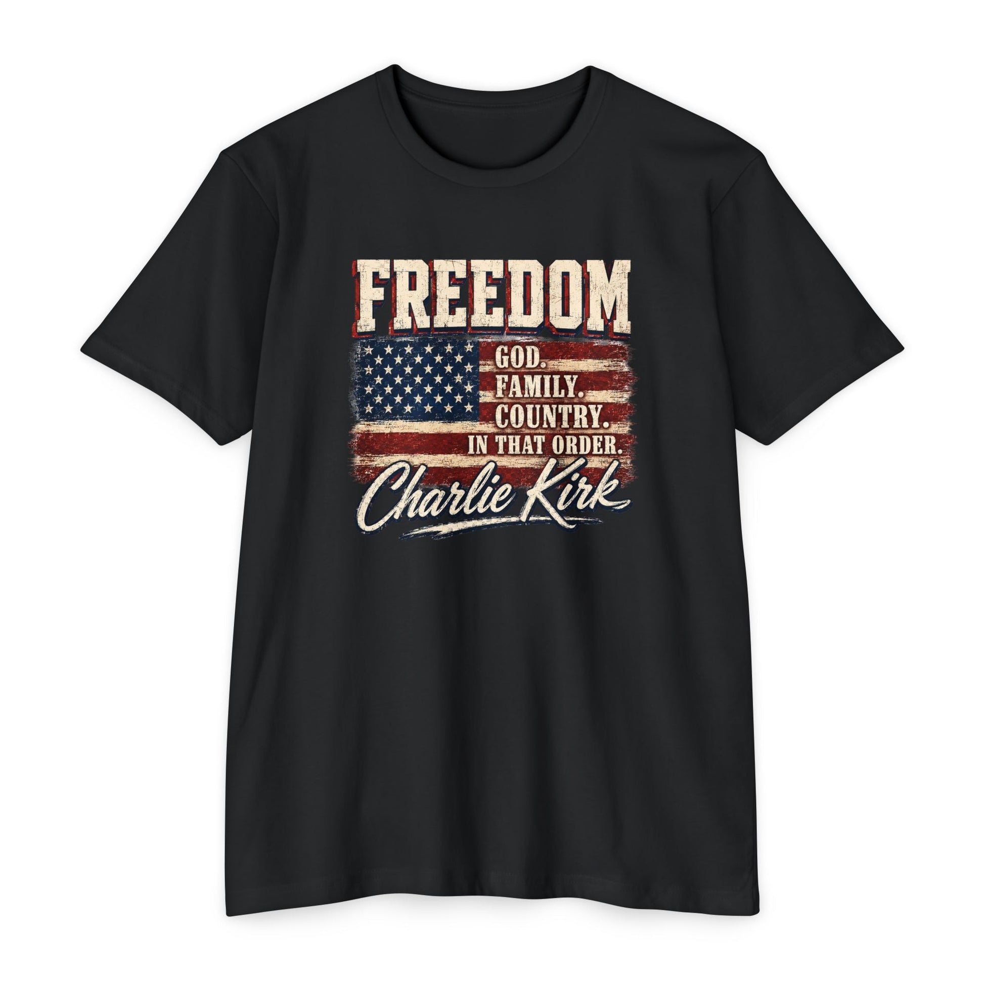 "Freedom: God, Family, Country" Charlie Kirk Patriotic T-Shirt - PatriotDepot.com