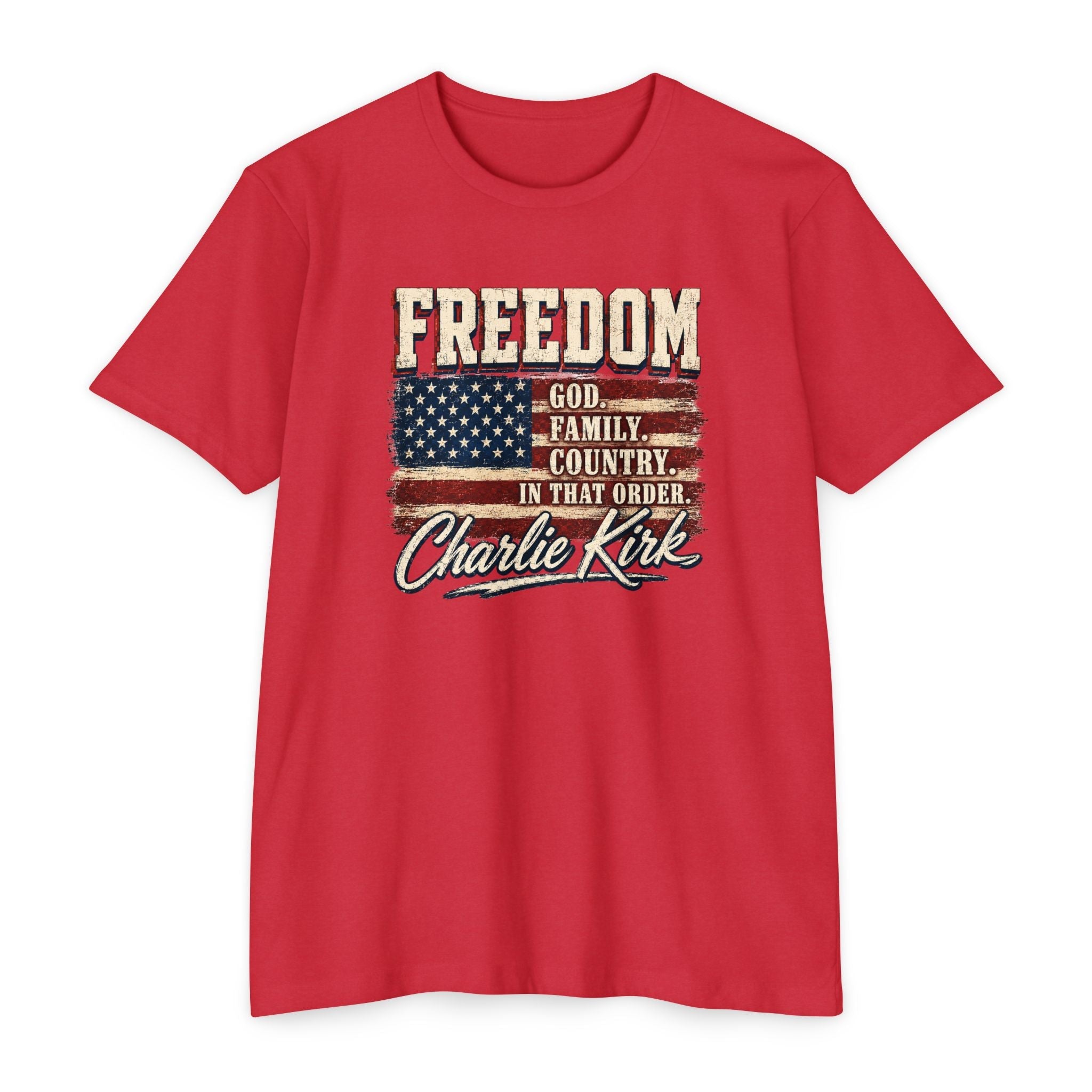 "Freedom: God, Family, Country" Charlie Kirk Patriotic T-Shirt - PatriotDepot.com
