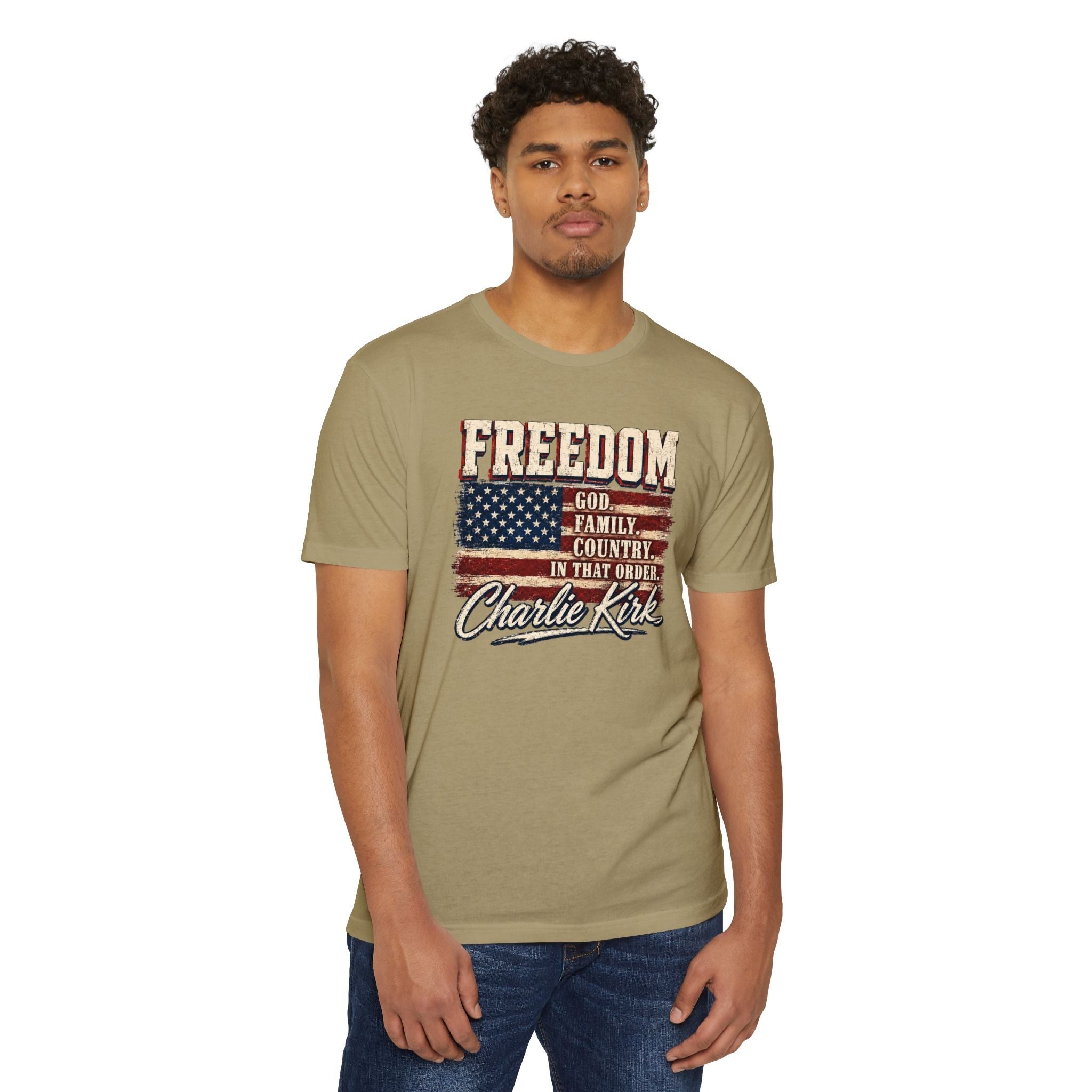 "Freedom: God, Family, Country" Charlie Kirk Patriotic T-Shirt - PatriotDepot.com