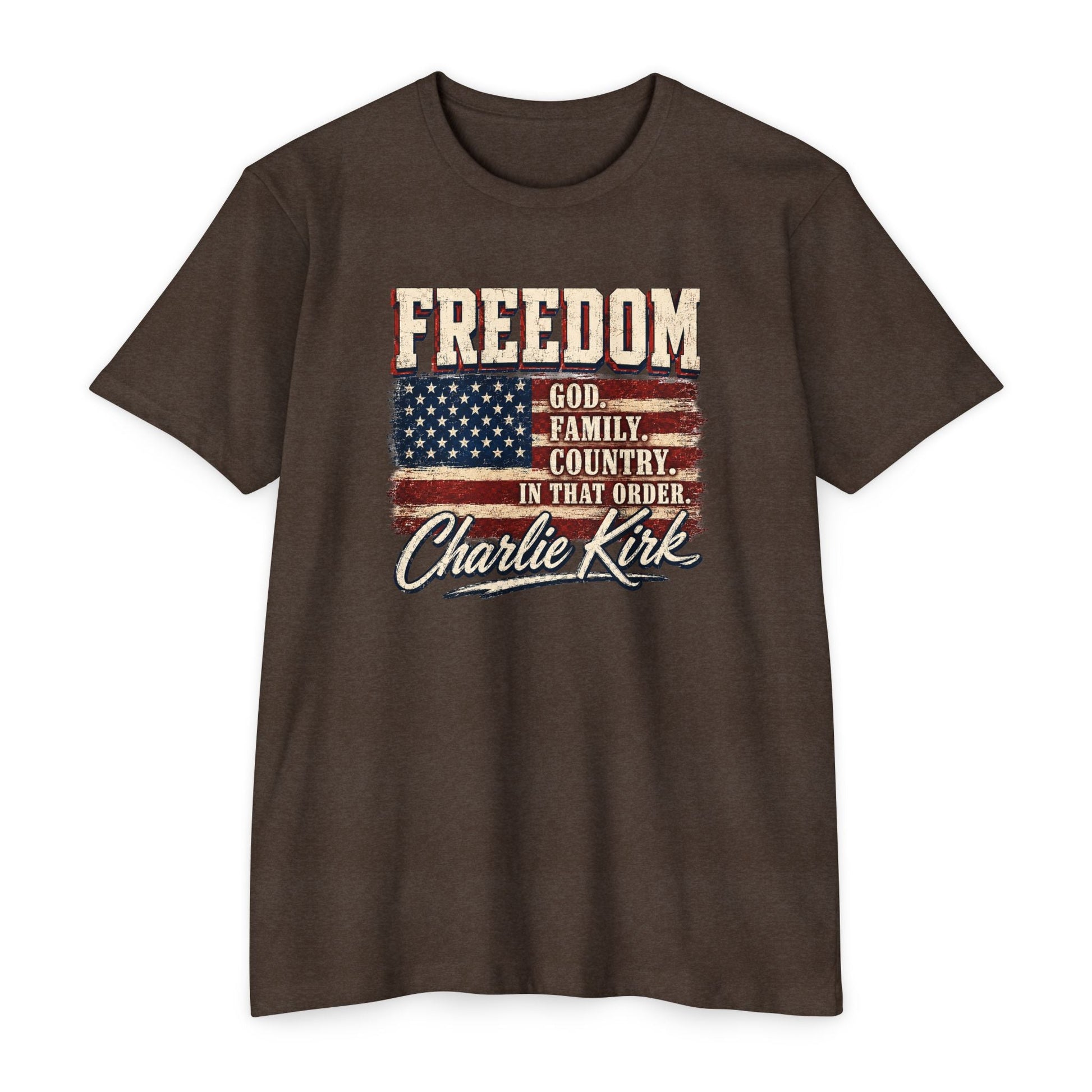 "Freedom: God, Family, Country" Charlie Kirk Patriotic T-Shirt - PatriotDepot.com