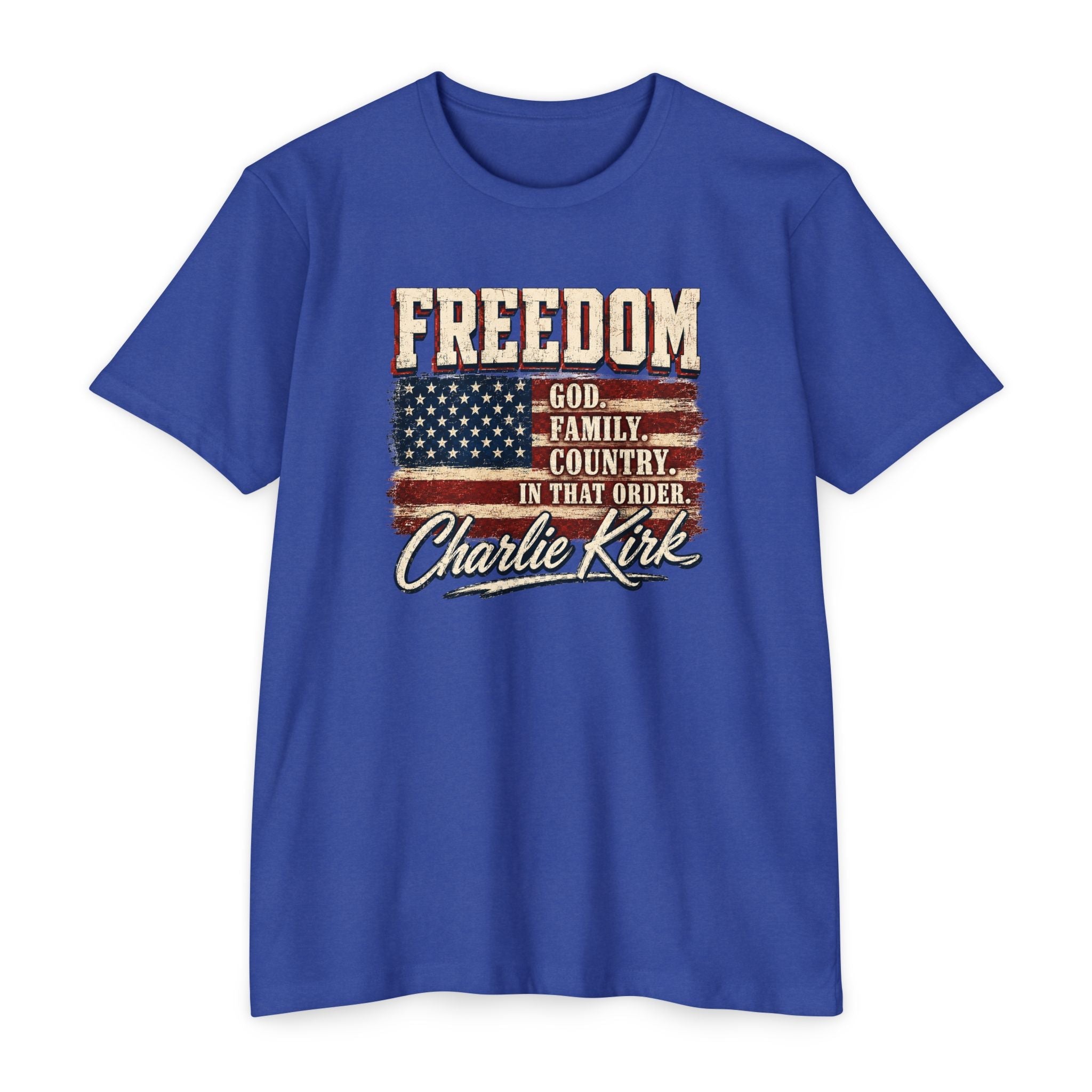 "Freedom: God, Family, Country" Charlie Kirk Patriotic T-Shirt - PatriotDepot.com