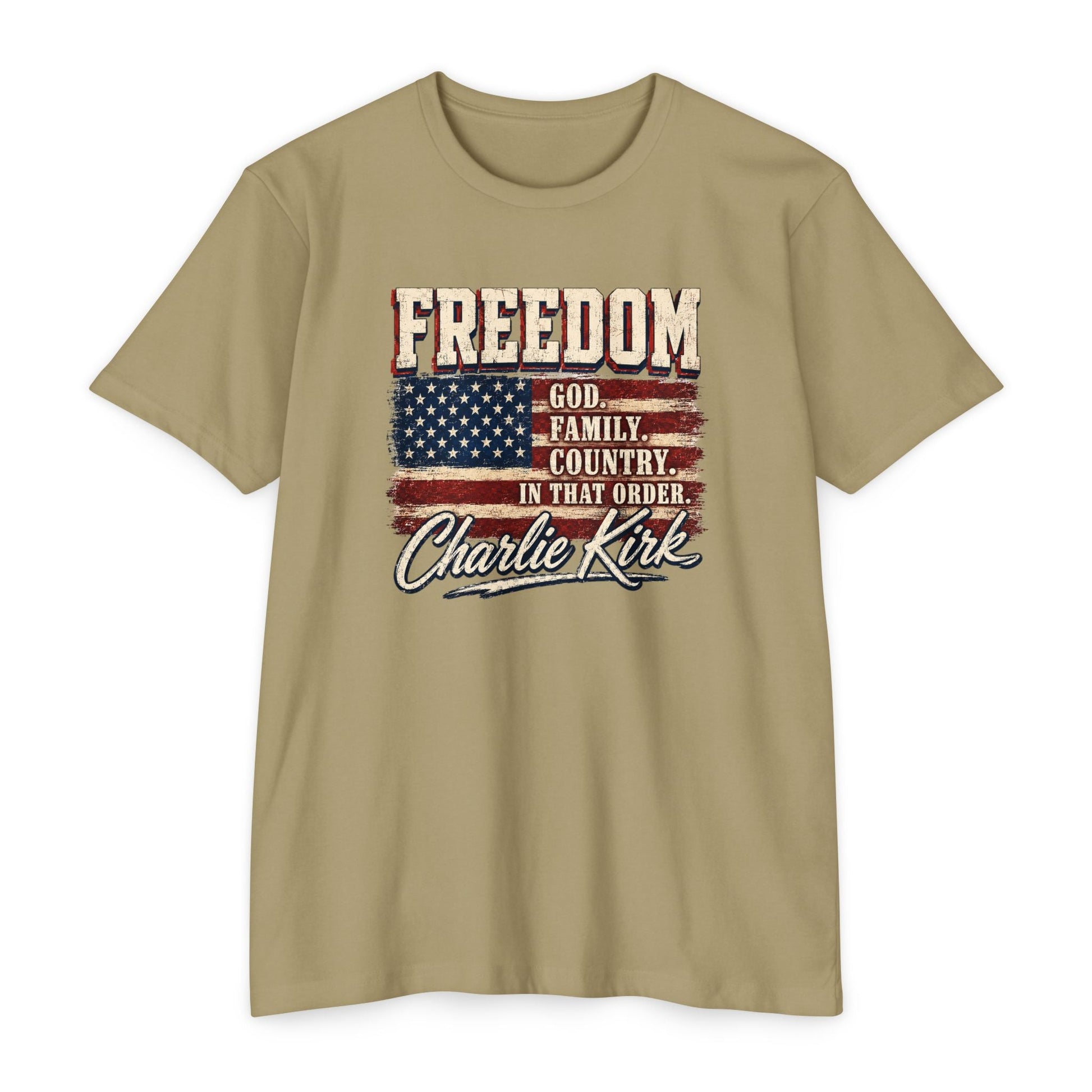 "Freedom: God, Family, Country" Charlie Kirk Patriotic T-Shirt - PatriotDepot.com