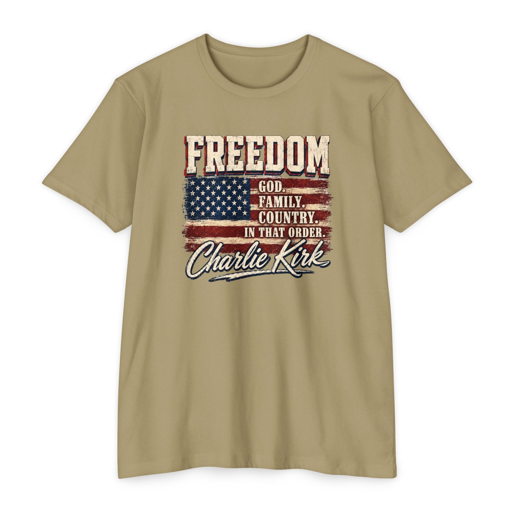 "Freedom: God, Family, Country" Charlie Kirk Patriotic T-Shirt - PatriotDepot.com