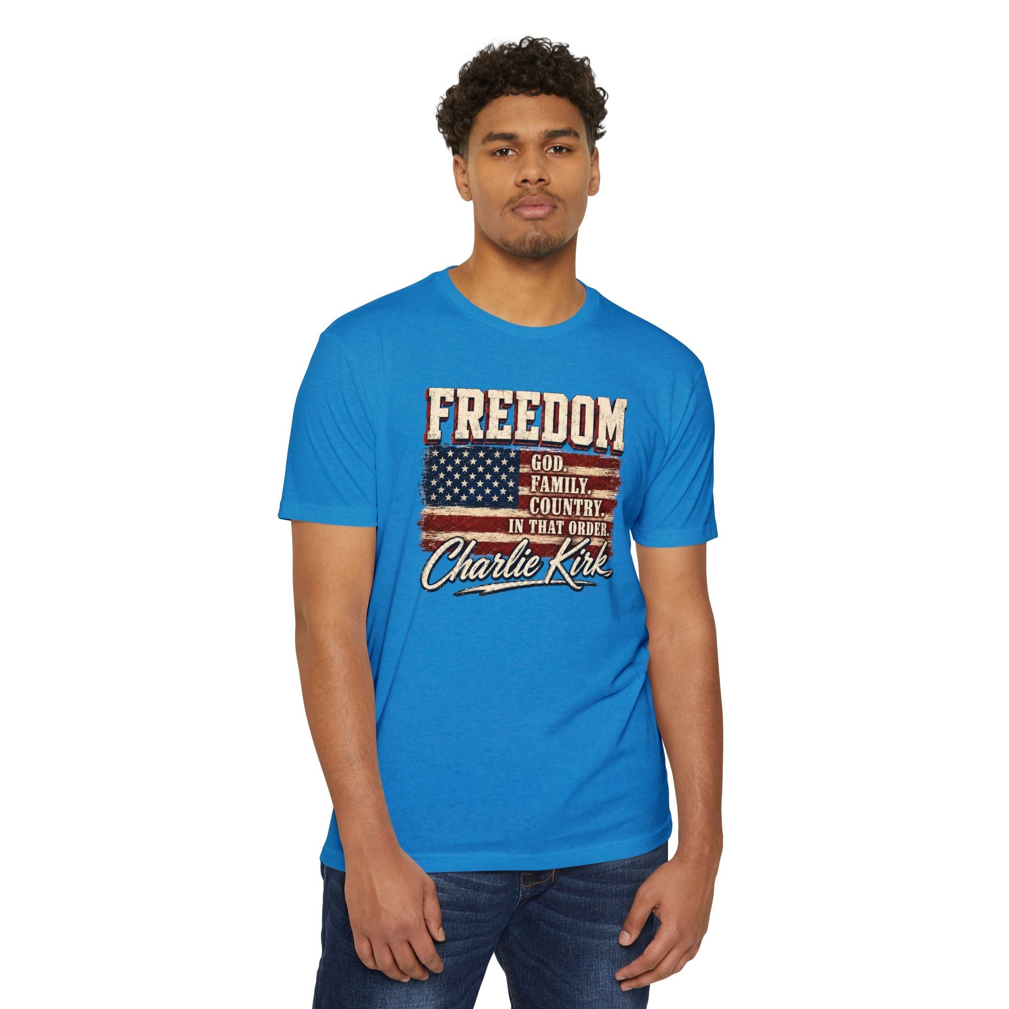 "Freedom: God, Family, Country" Charlie Kirk Patriotic T-Shirt - PatriotDepot.com
