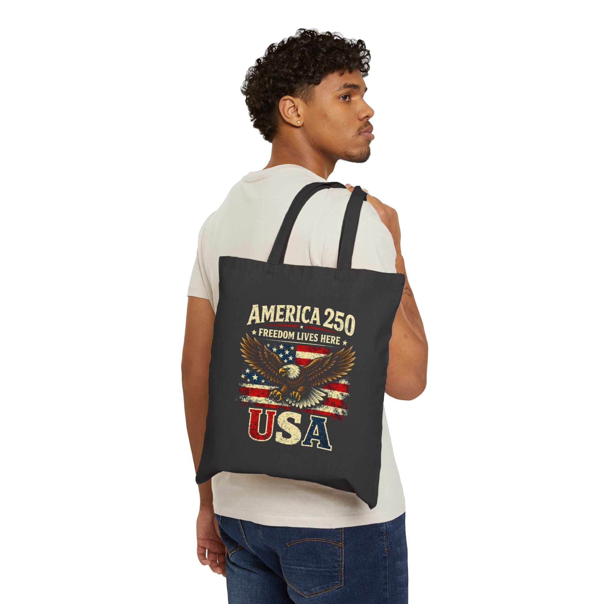 Freedom Lives Here Eagle Tote Bag | America 250 Patriotic Canvas Tote - PatriotDepot.com