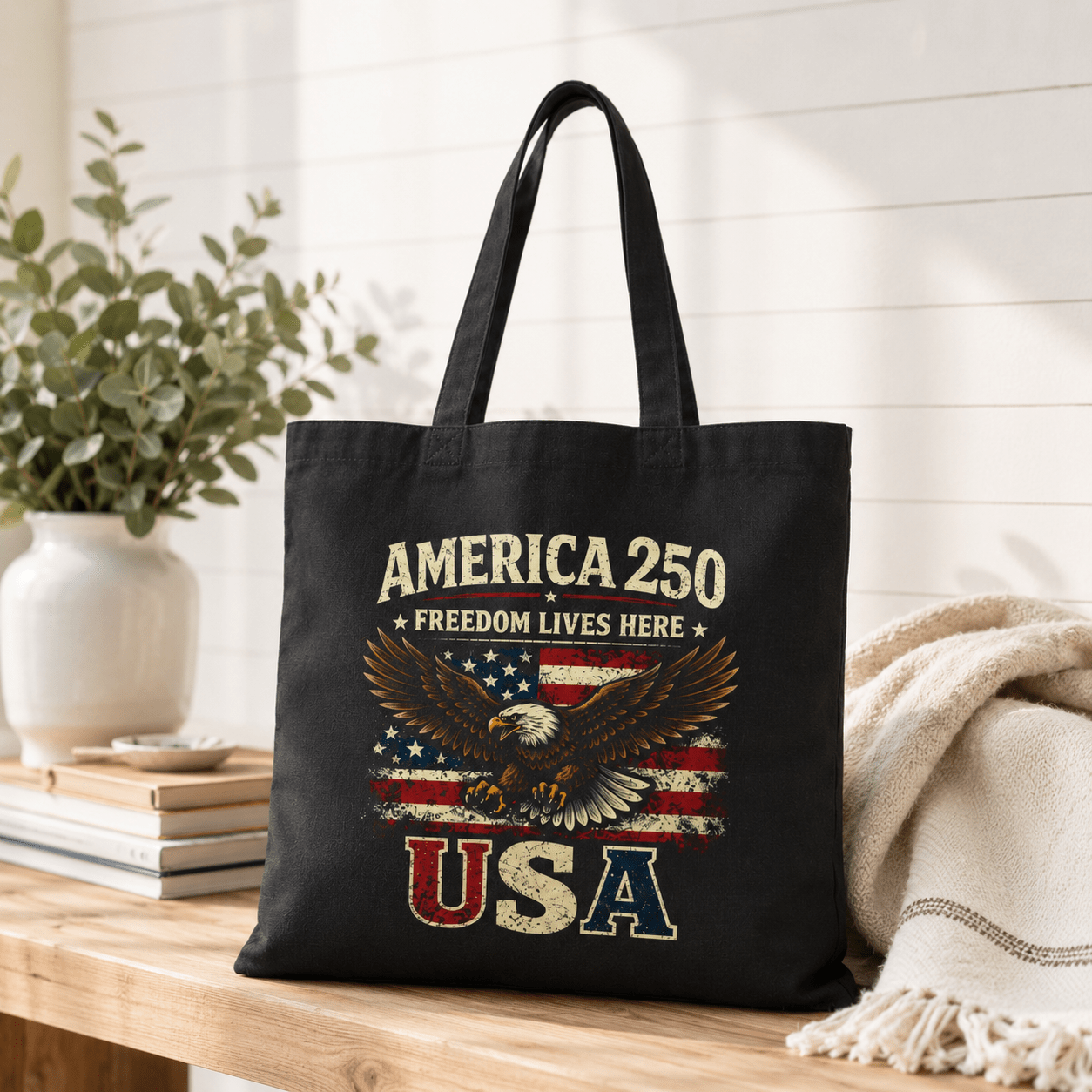 Freedom Lives Here Eagle Tote Bag | America 250 Patriotic Canvas Tote - PatriotDepot.com