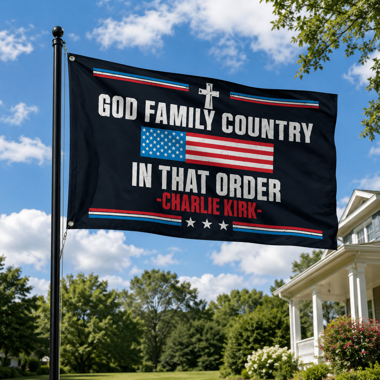 "God, Family, Country – In That Order" Charlie Kirk 3'x5' Flag - PatriotDepot.com
