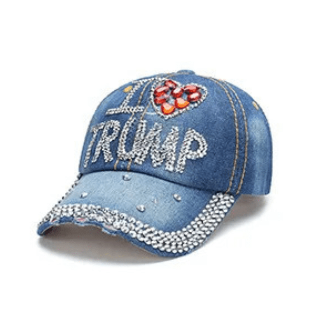 I Love Trump Rhinestone Embroidered Hat (Denim) – PatriotDepot.com