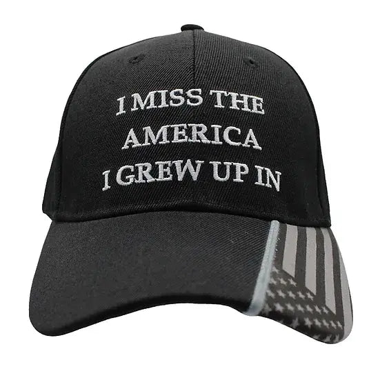 I Miss the America I Grew Up In Embroidered Hat w/ flag bill (Black) - PatriotDepot.com
