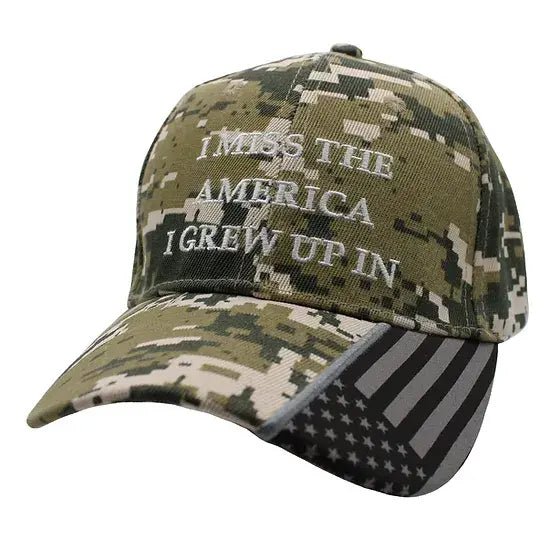 I Miss the America I Grew Up In Embroidered Hat w/ flag bill (Digi Camo) - PatriotDepot.com