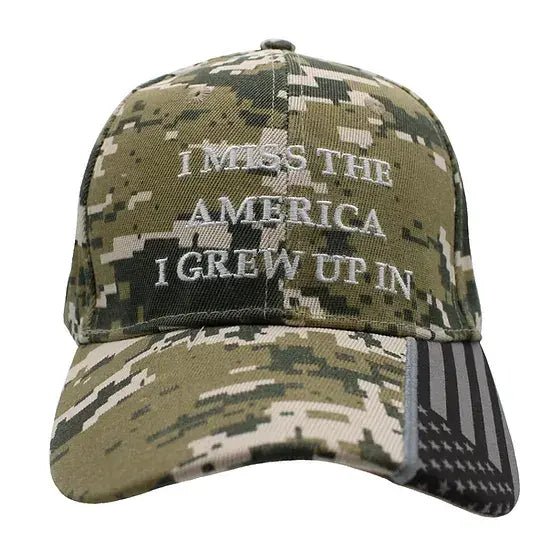 I Miss the America I Grew Up In Embroidered Hat w/ flag bill (Digi Camo) - PatriotDepot.com