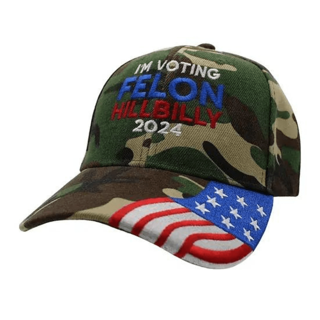 I'm Voting Felon - Hillbilly 2024 Embroidered Hat (Camo w/flag bill) - PatriotDepot.com