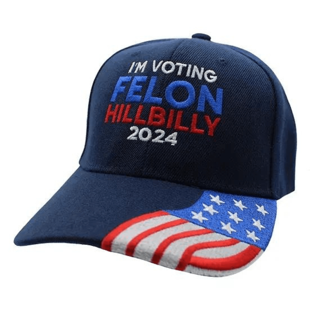 I'm Voting Felon - Hillbilly 2024 Embroidered Hat (Navy w/flag bill) - PatriotDepot.com