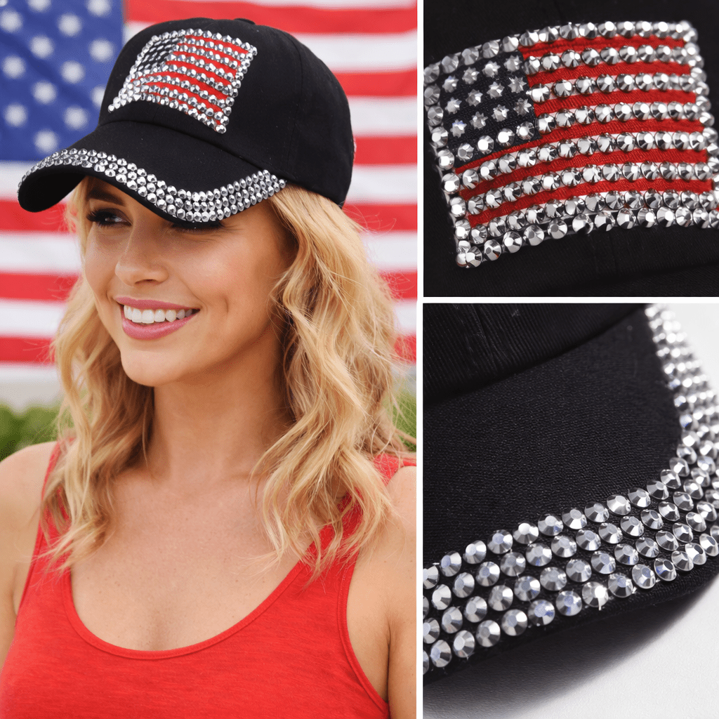 Let Freedom Sparkle Rhinestone Flag Hat (Black Denim) - PatriotDepot.com