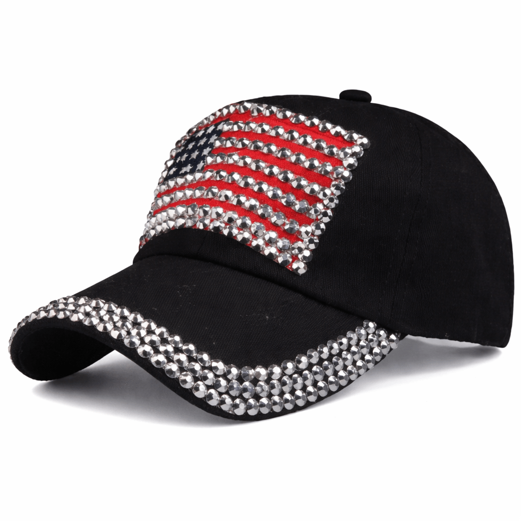 Let Freedom Sparkle Rhinestone Flag Hat (Black Denim) - PatriotDepot.com