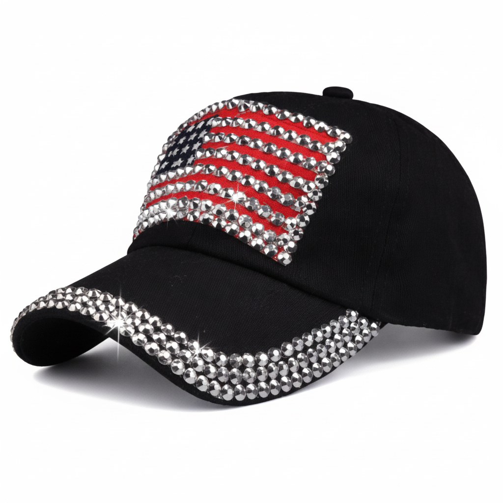 Let Freedom Sparkle Rhinestone Flag Hat (Black Denim) - PatriotDepot.com