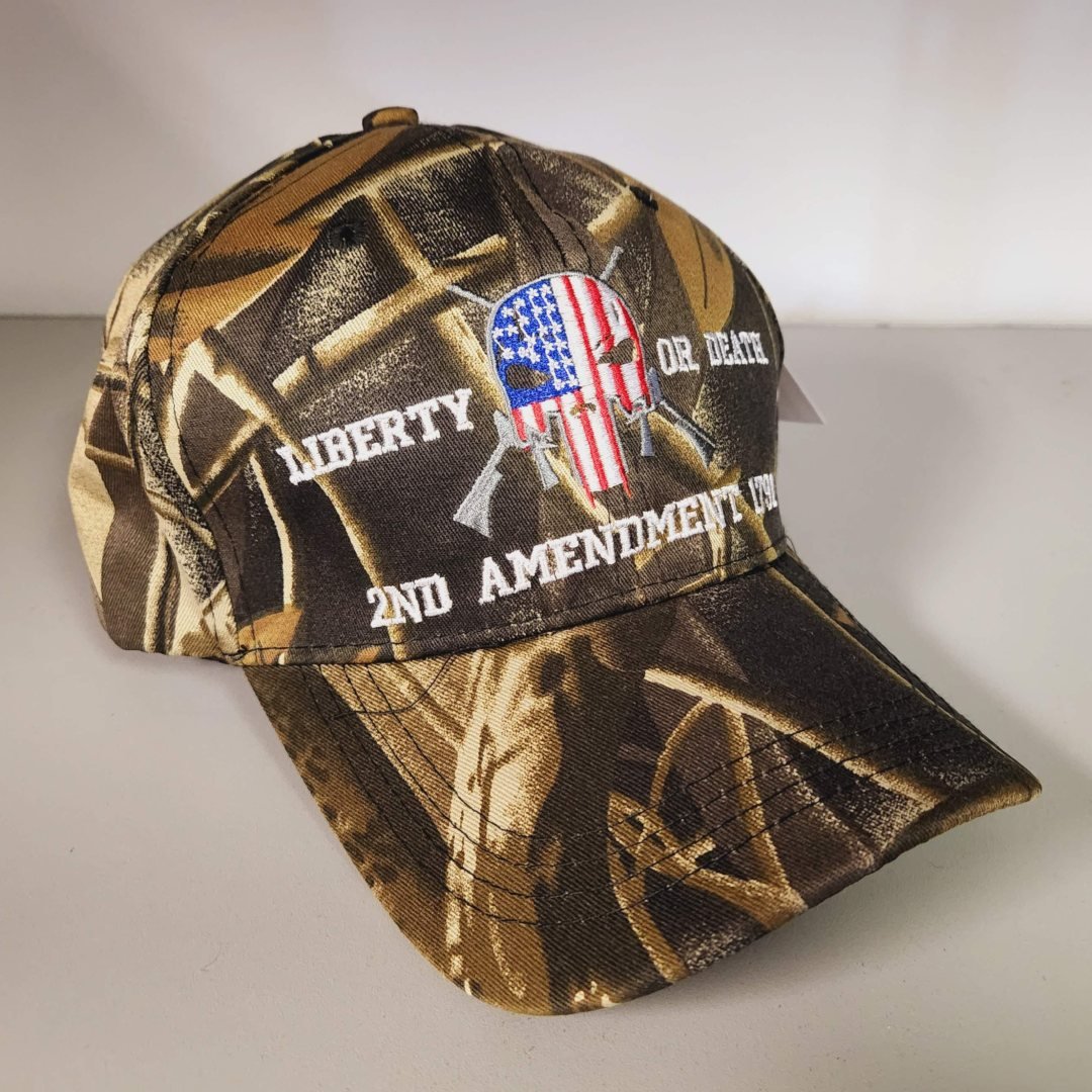 Liberty or Death 2nd Amendment 1791 Skull Embroidered Hat (Camo) - PatriotDepot.com