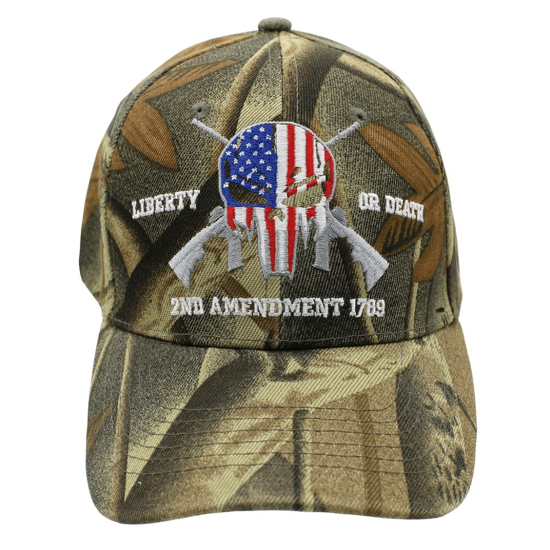 Liberty or Death Patriotic Punisher Custom Embroidered Hat (Hunter Camo) - PatriotDepot.com