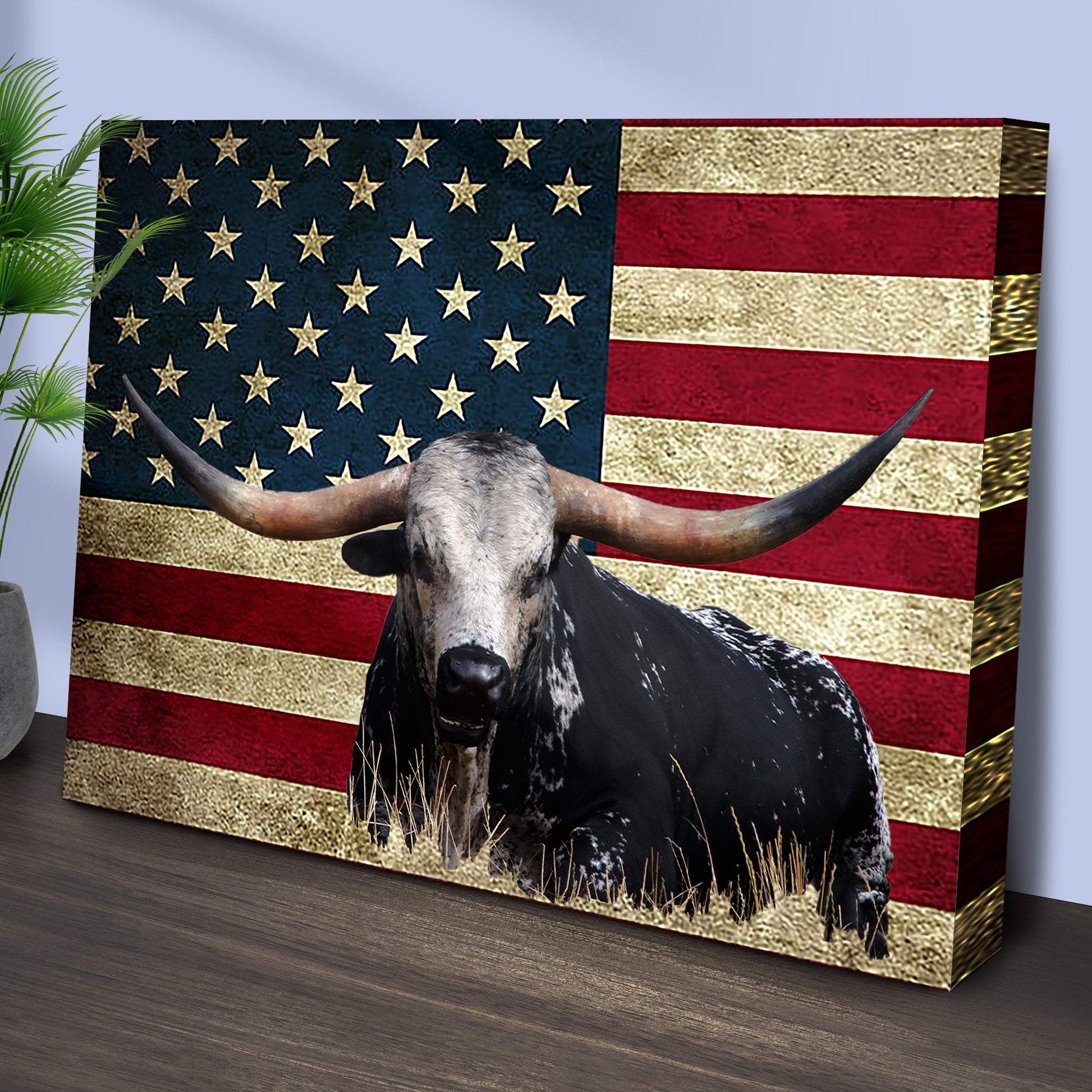 Longhorn Cattle American Flag Canvas Wall Art - PatriotDepot.com