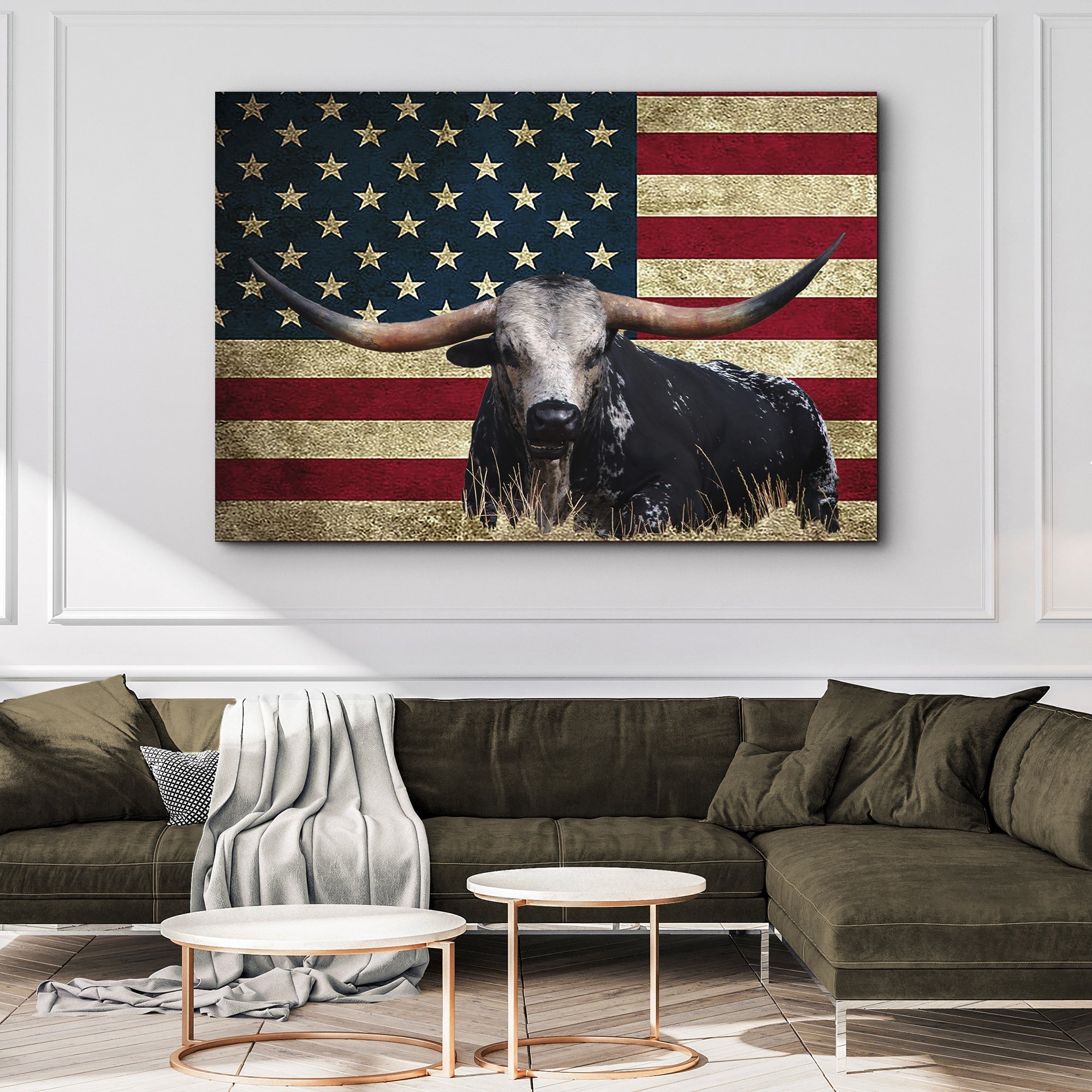 Longhorn Cattle American Flag Canvas Wall Art - PatriotDepot.com