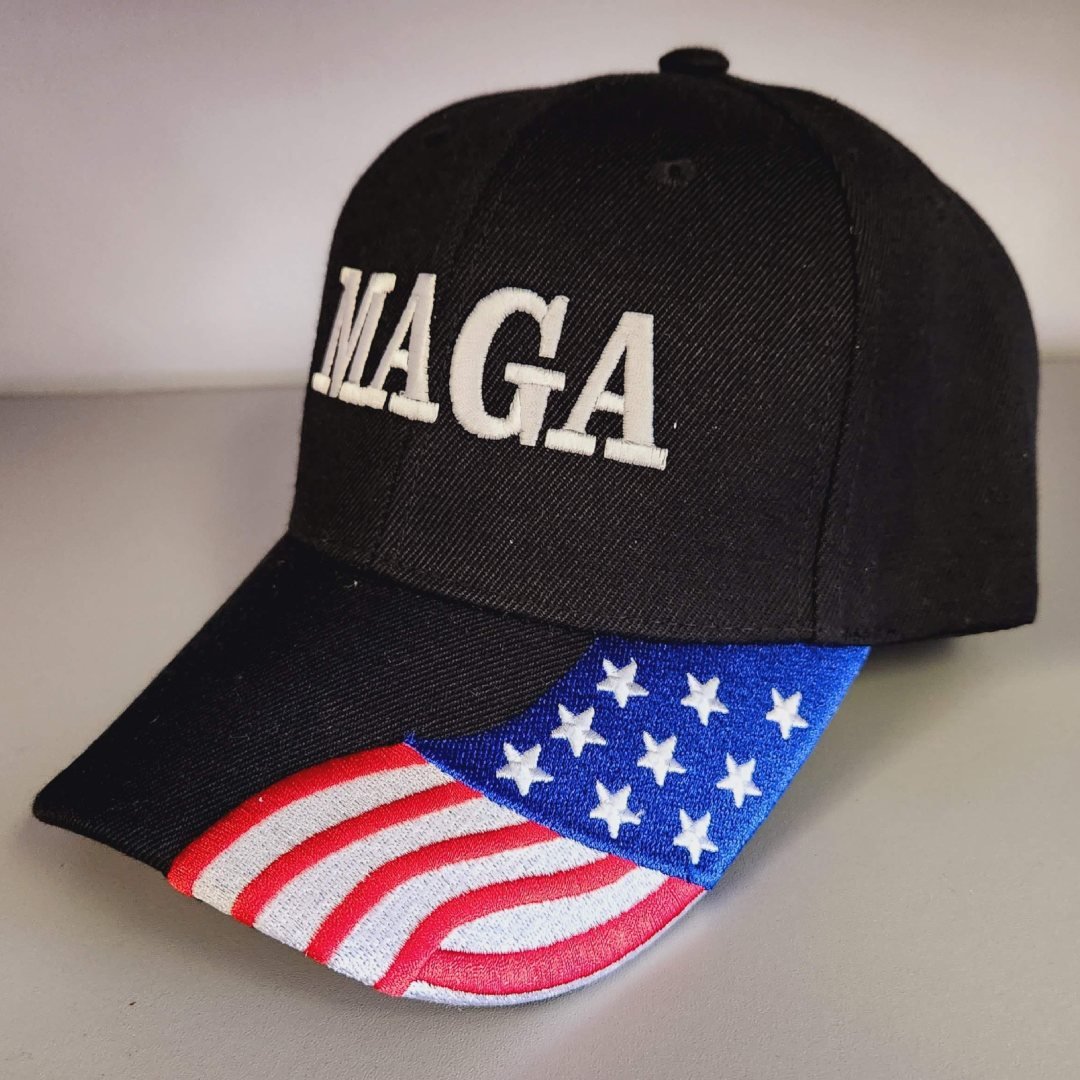 MAGA Custom Embroidered Hat w/Flag Bill (Black) - PatriotDepot.com