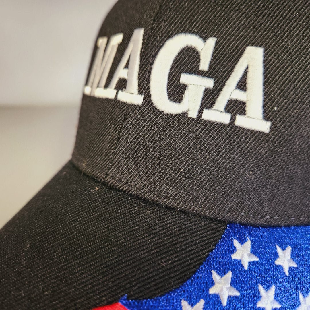 MAGA Custom Embroidered Hat w/Flag Bill (Black) - PatriotDepot.com