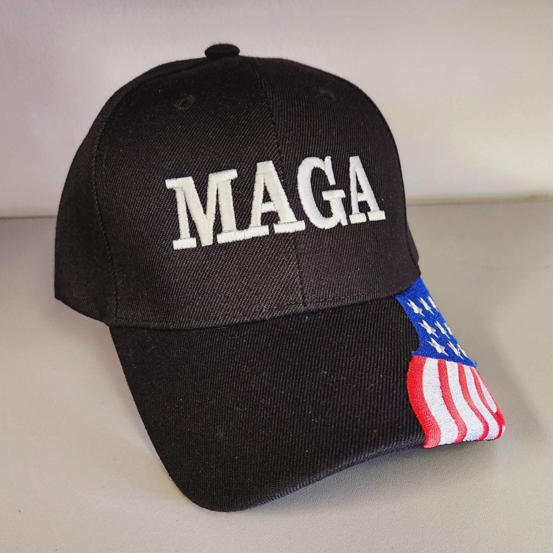 MAGA Custom Embroidered Hat w/Flag Bill (Black) - PatriotDepot.com