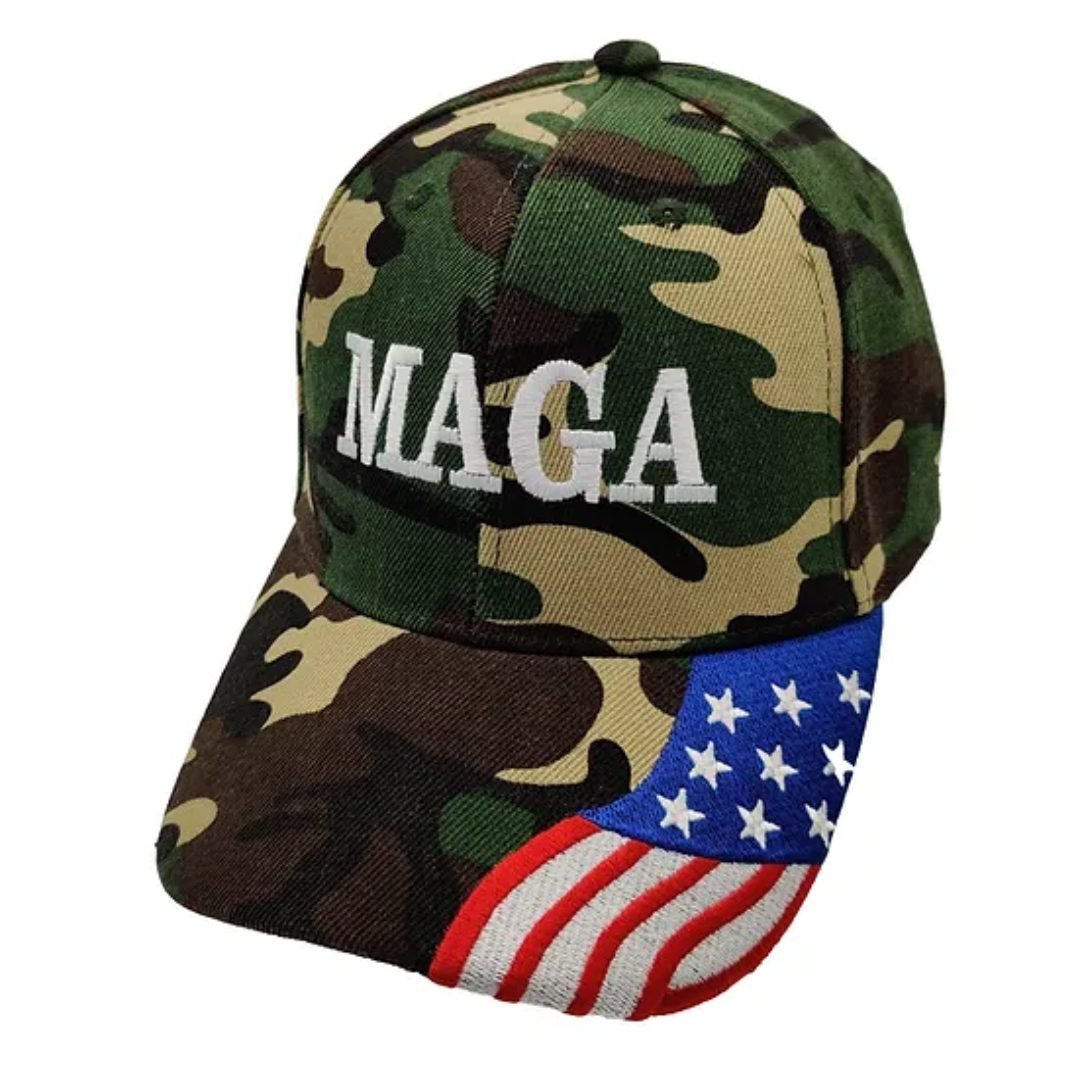 MAGA Custom Embroidered Hat w/Flag Bill (Camo) - PatriotDepot.com