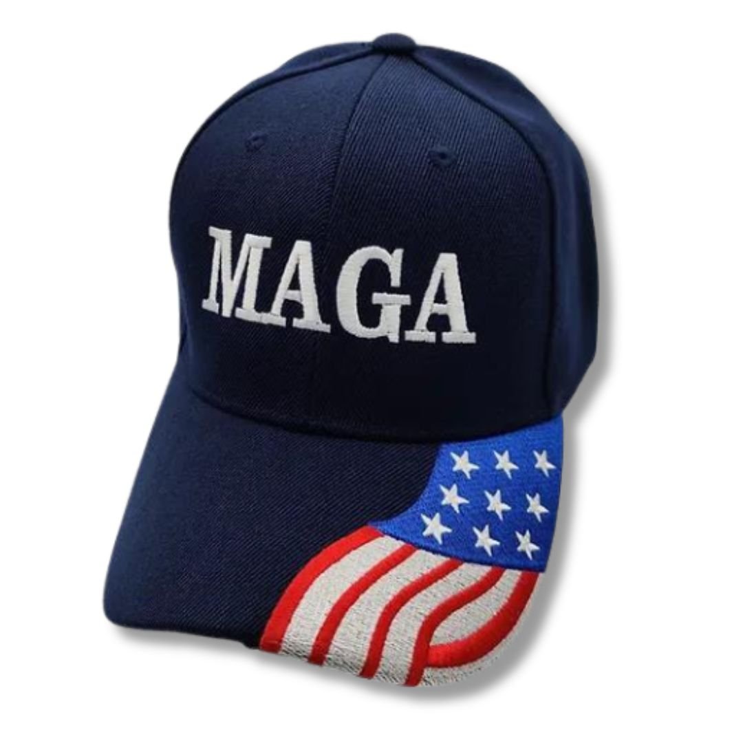 MAGA Custom Embroidered Hat w/Flag Bill (Navy) - PatriotDepot.com