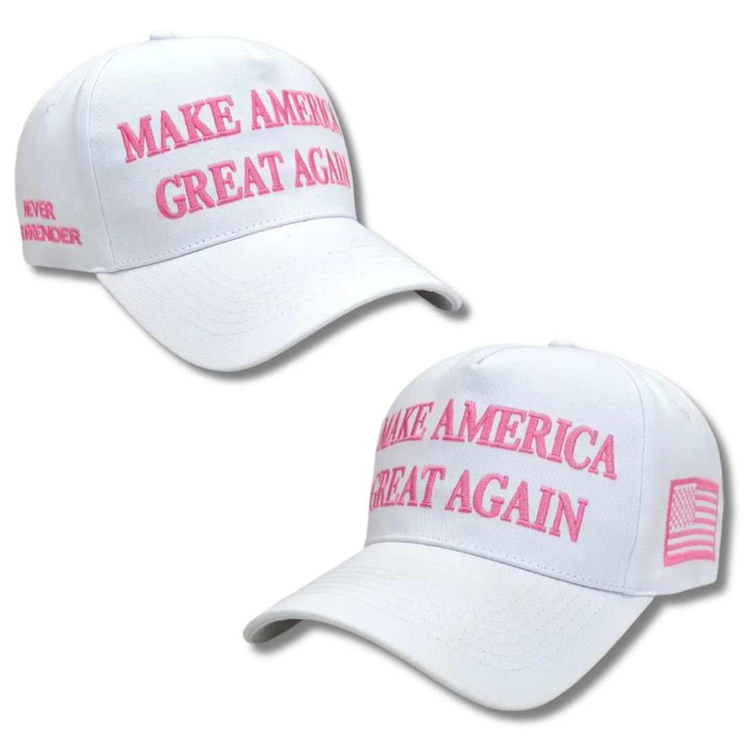 Make America Great Again Embroidered Hat (White & Flamingo Pink) 4 - Sided Design - PatriotDepot.com