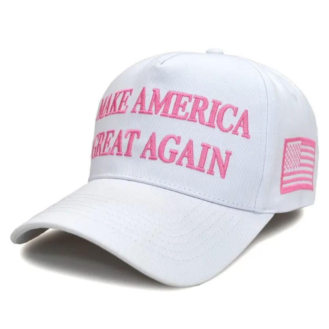 Make America Great Again Embroidered Hat (White & Flamingo Pink) 4 - Sided Design - PatriotDepot.com