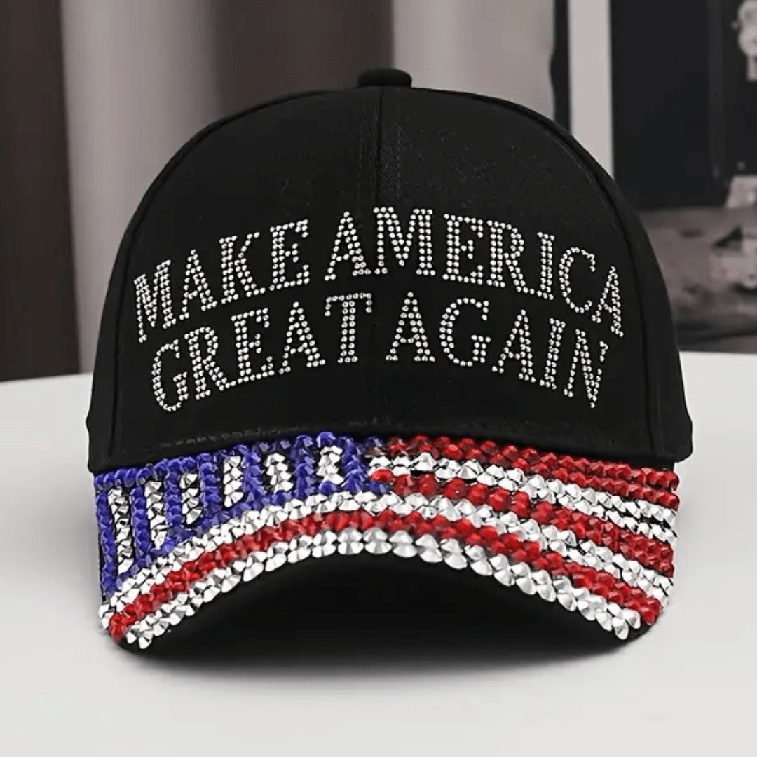 Make America Great Again Rhinestone Flag Hat (Black) - PatriotDepot.com