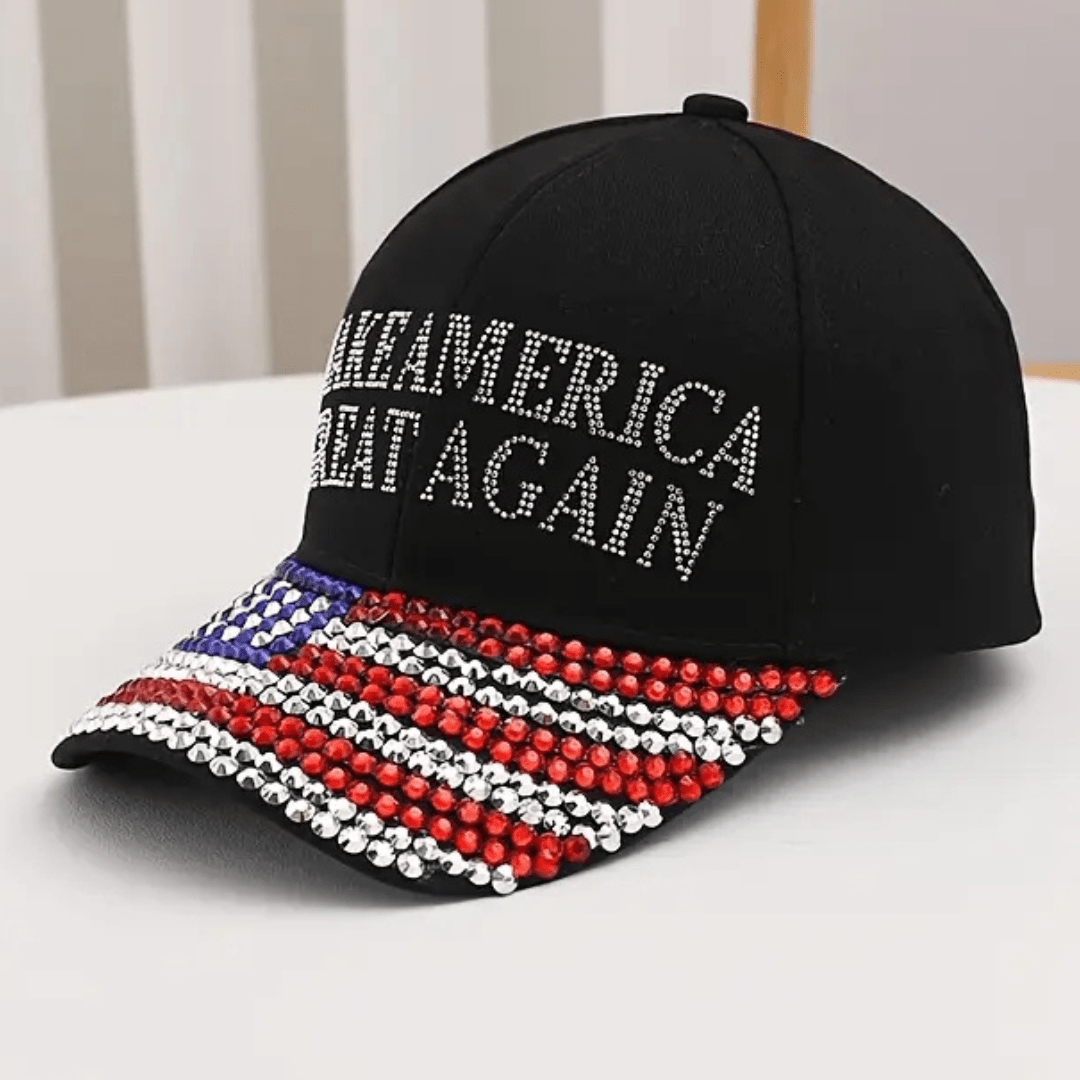 Make America Great Again Rhinestone Flag Hat (Black) - PatriotDepot.com