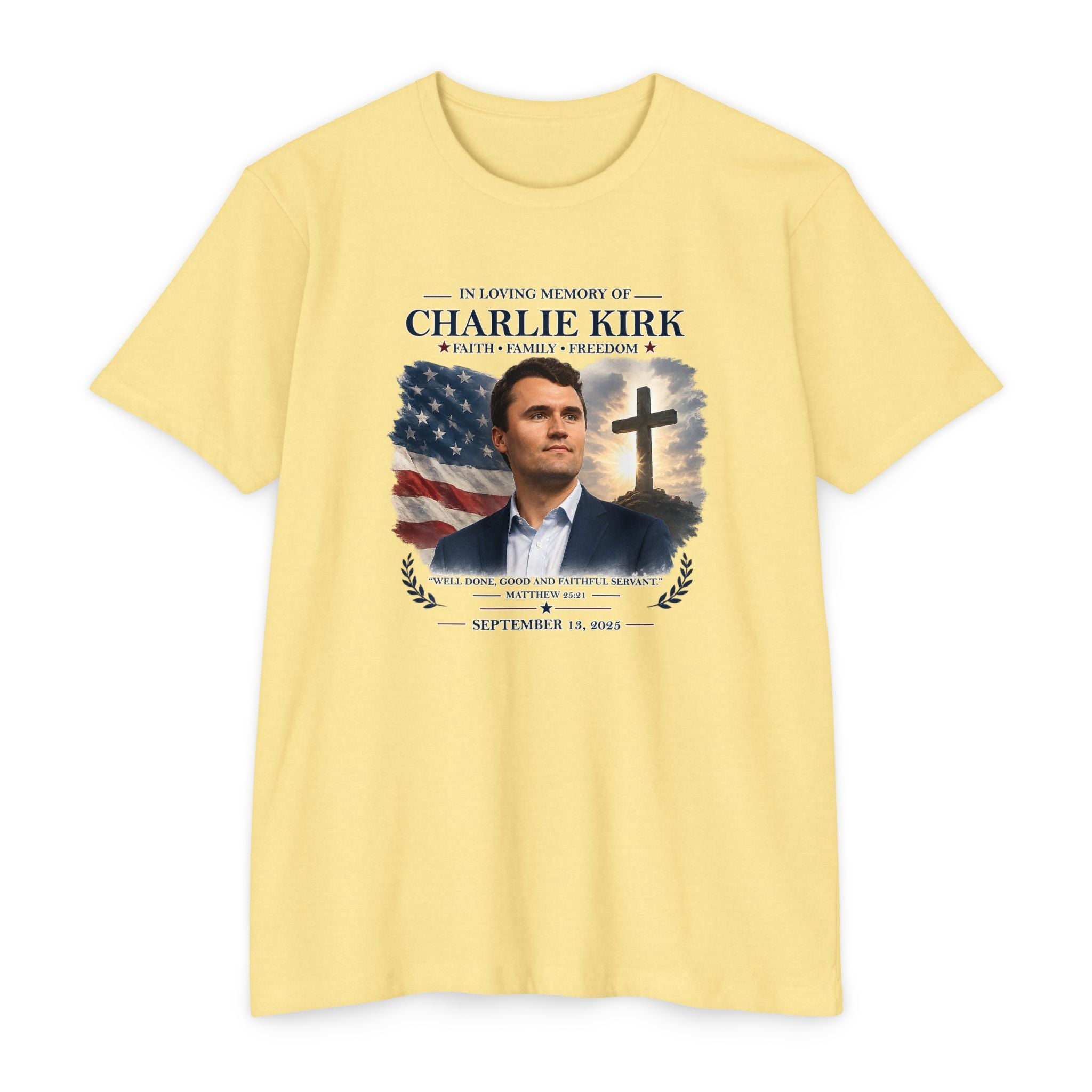 Memorial T-Shirt — "In Loving Memory of Charlie Kirk" Tribute Tee with Flag & Cross - PatriotDepot.com