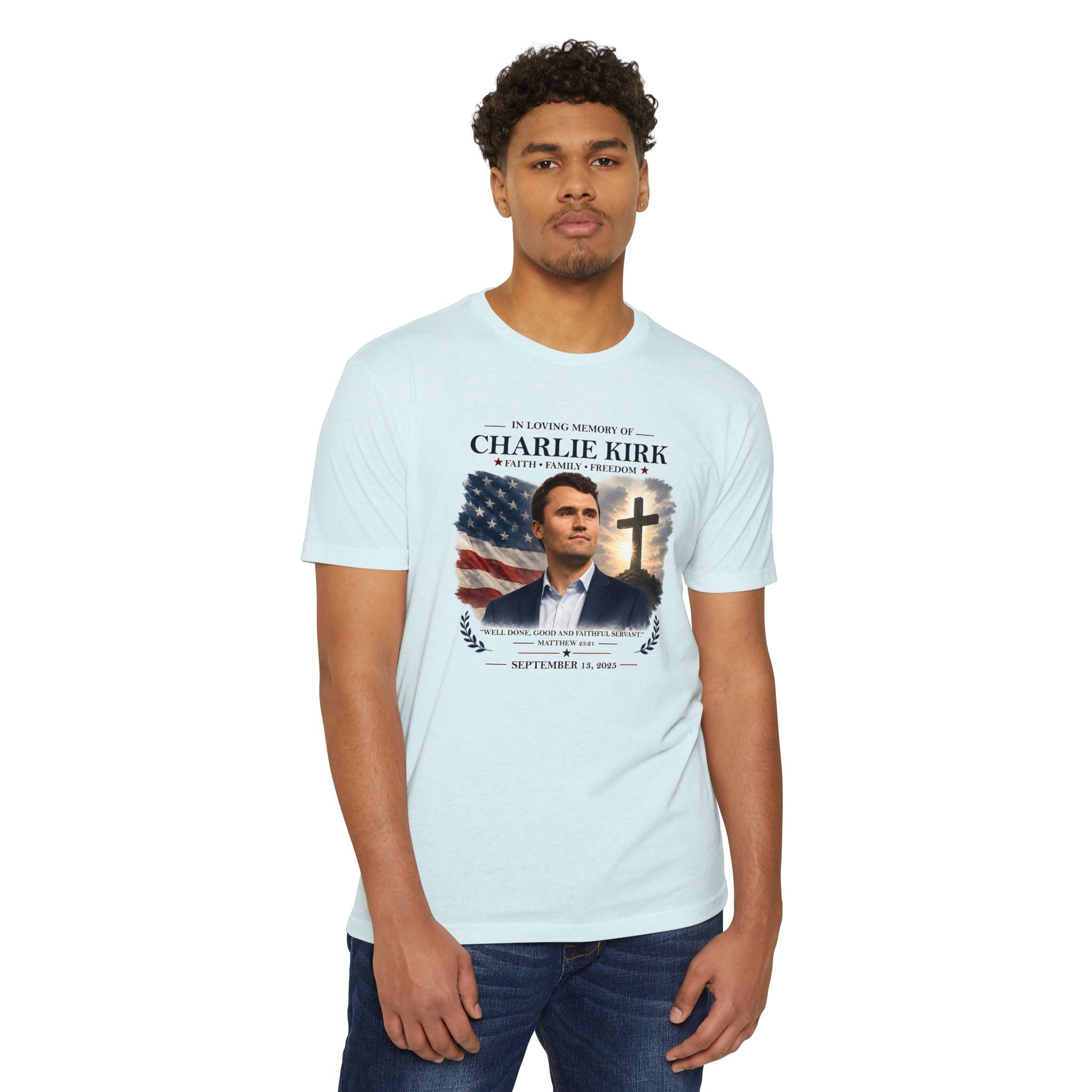 Memorial T-Shirt — "In Loving Memory of Charlie Kirk" Tribute Tee with Flag & Cross - PatriotDepot.com