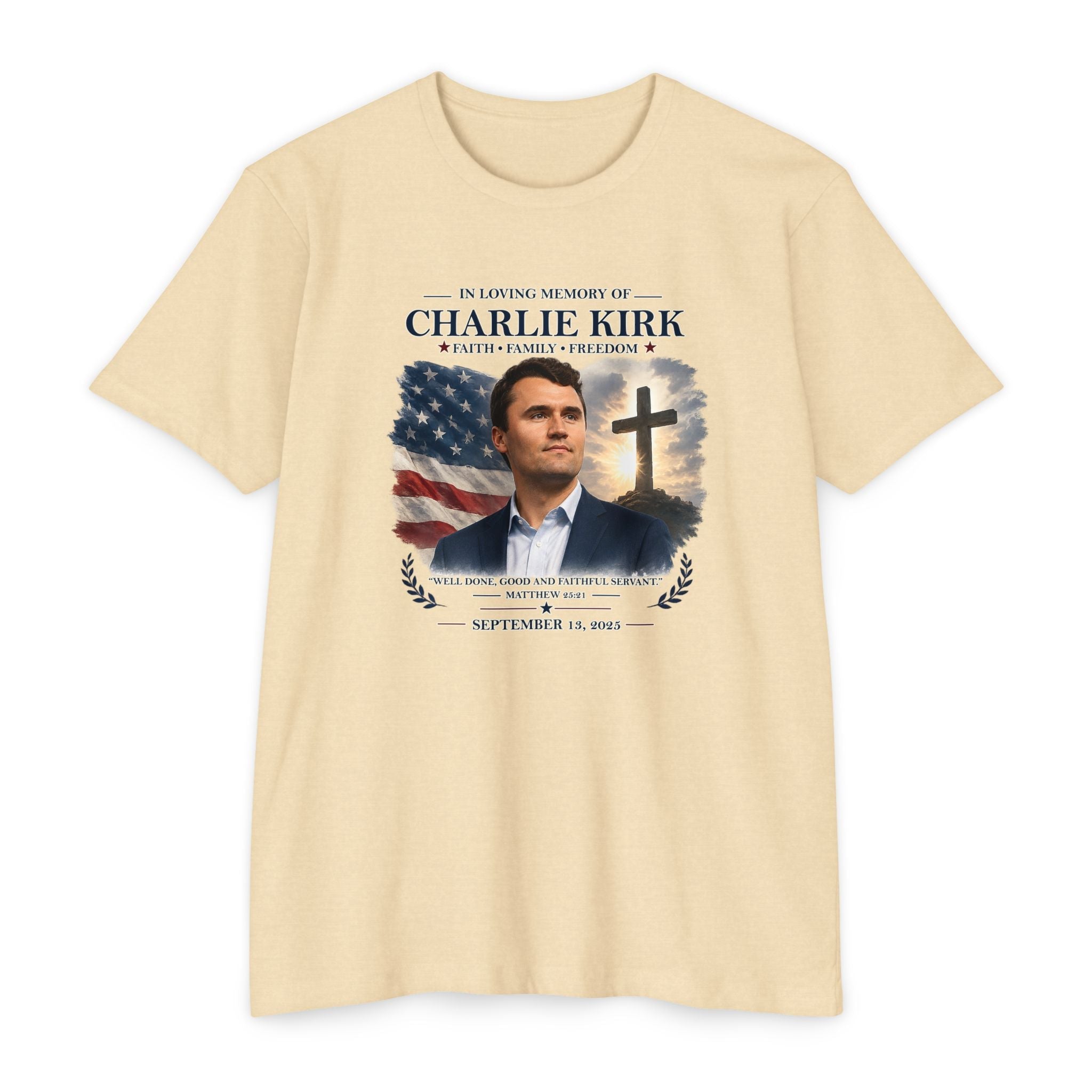 Memorial T-Shirt — "In Loving Memory of Charlie Kirk" Tribute Tee with Flag & Cross - PatriotDepot.com