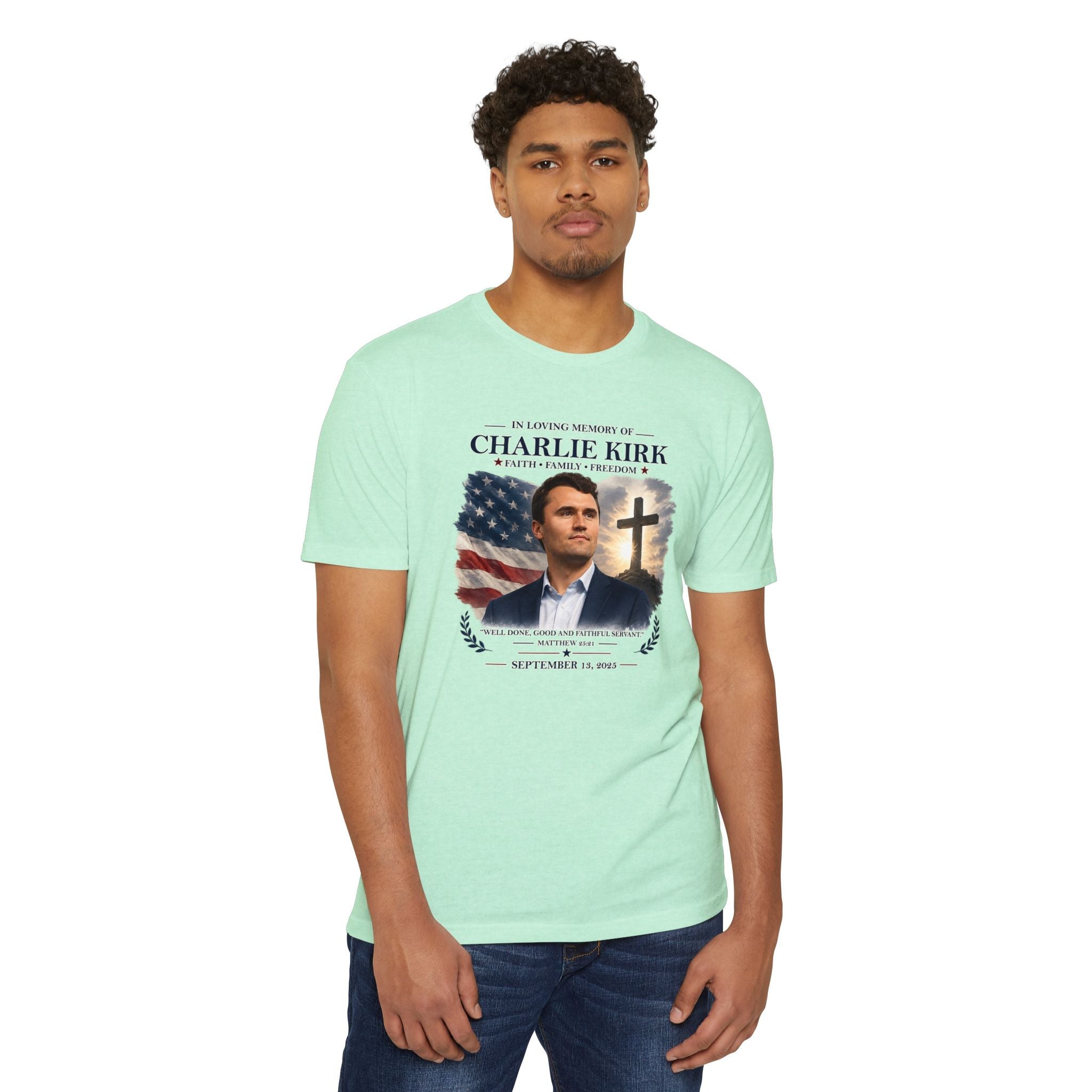 Memorial T-Shirt — "In Loving Memory of Charlie Kirk" Tribute Tee with Flag & Cross - PatriotDepot.com
