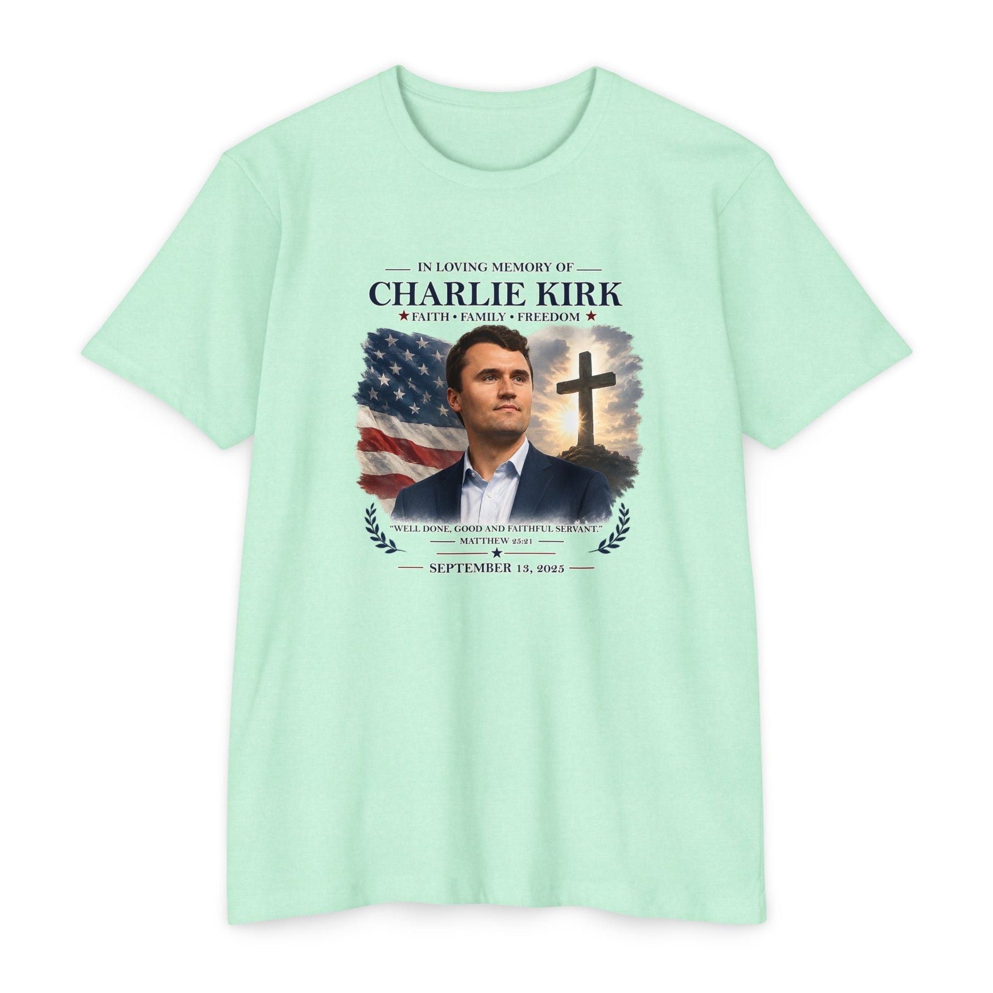 Memorial T-Shirt — "In Loving Memory of Charlie Kirk" Tribute Tee with Flag & Cross - PatriotDepot.com