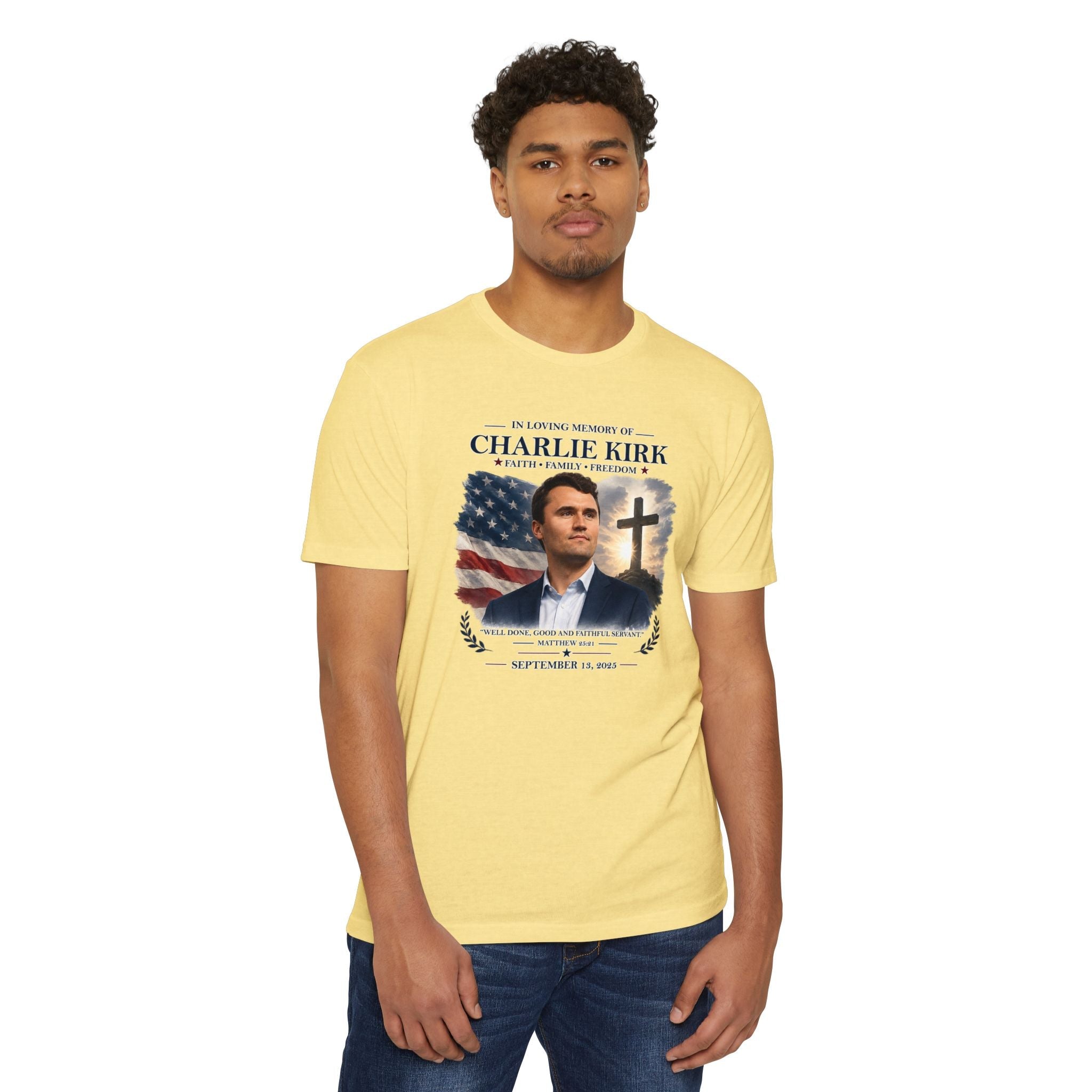 Memorial T-Shirt — "In Loving Memory of Charlie Kirk" Tribute Tee with Flag & Cross - PatriotDepot.com