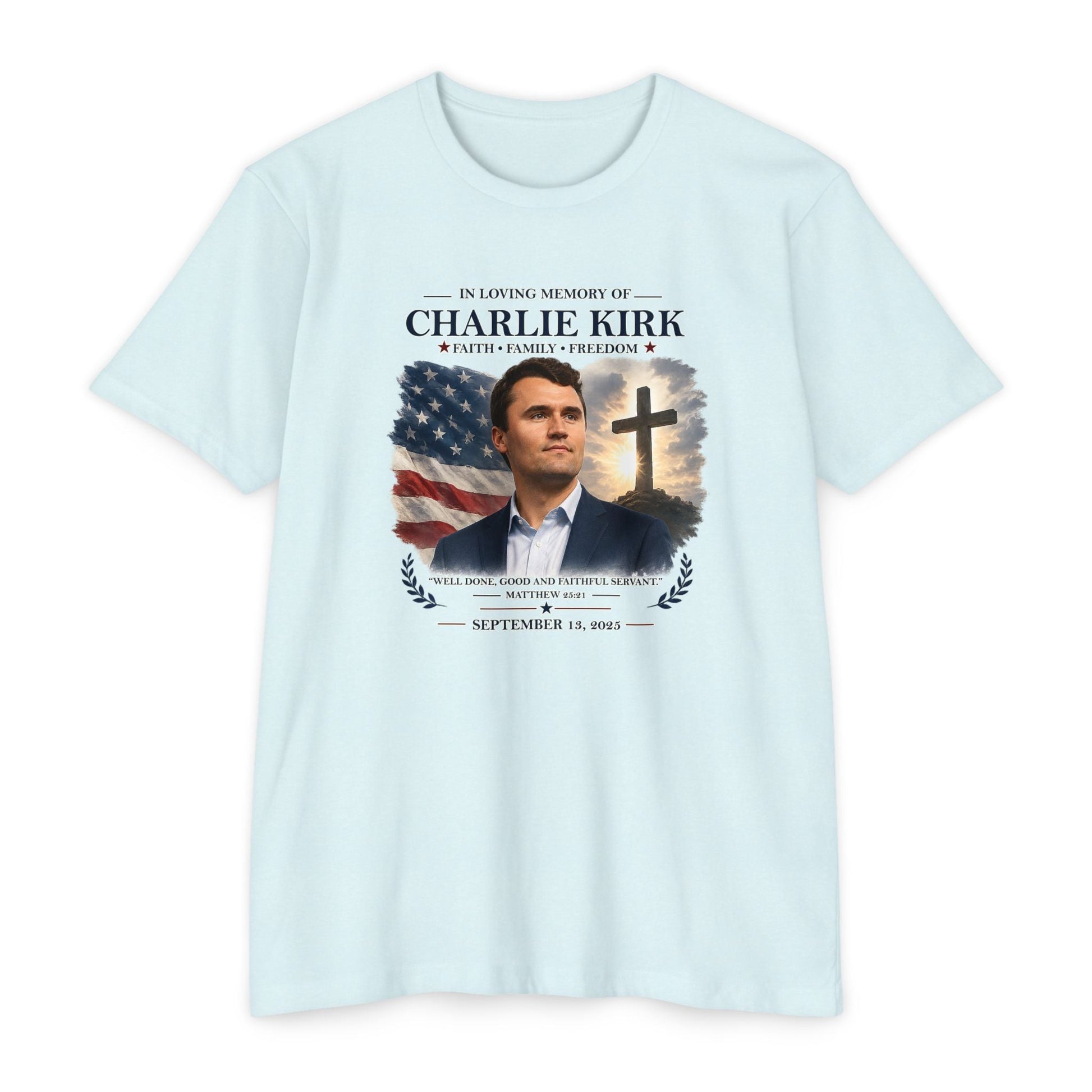 Memorial T-Shirt — "In Loving Memory of Charlie Kirk" Tribute Tee with Flag & Cross - PatriotDepot.com
