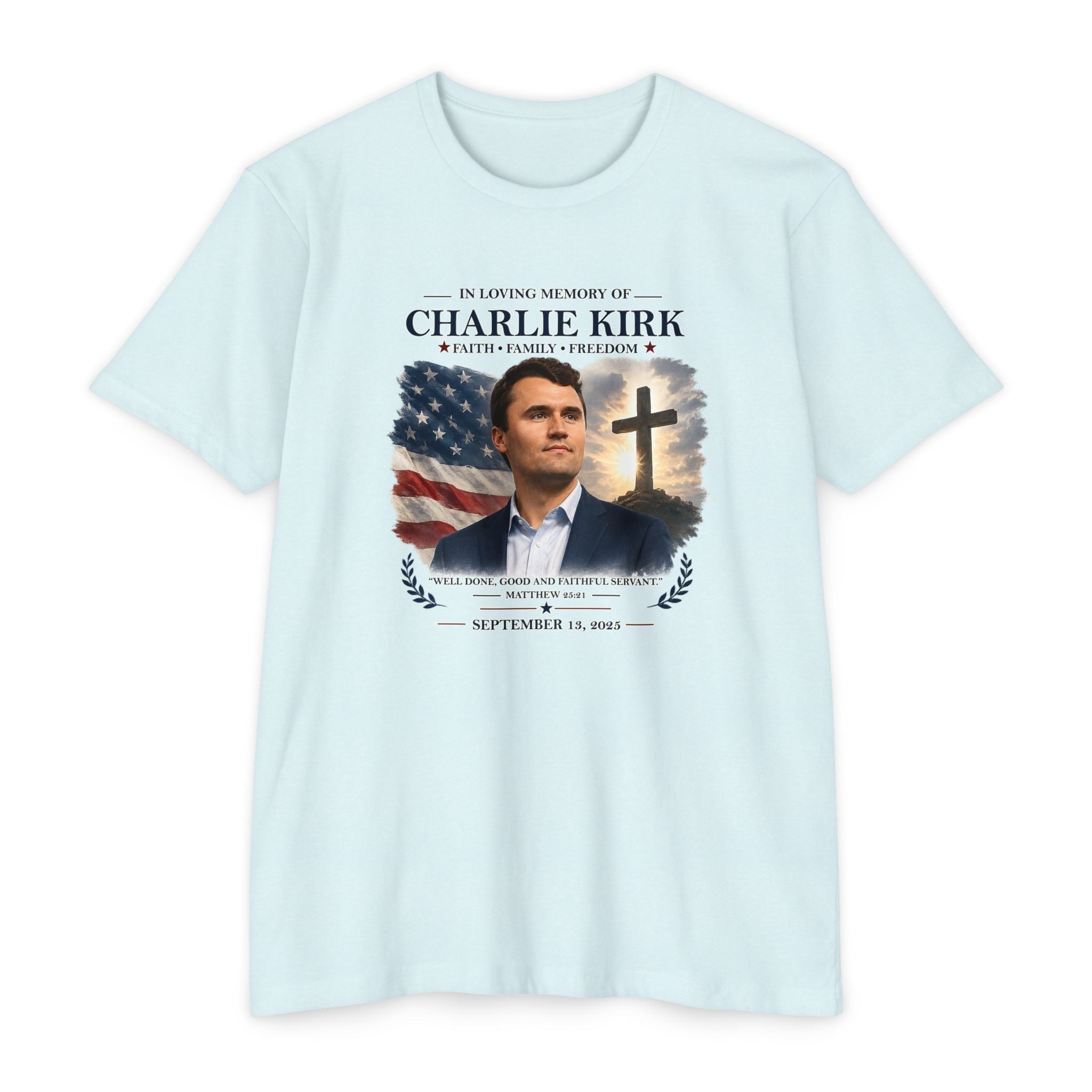 Memorial T-Shirt — "In Loving Memory of Charlie Kirk" Tribute Tee with Flag & Cross - PatriotDepot.com