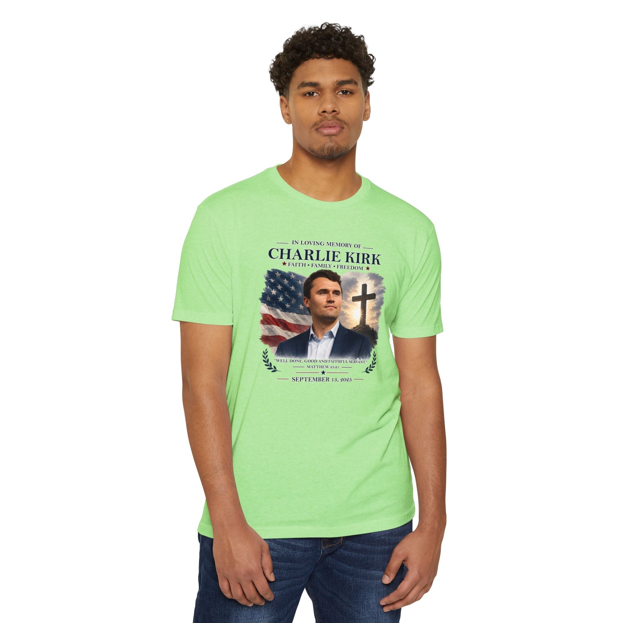 Memorial T-Shirt — "In Loving Memory of Charlie Kirk" Tribute Tee with Flag & Cross - PatriotDepot.com