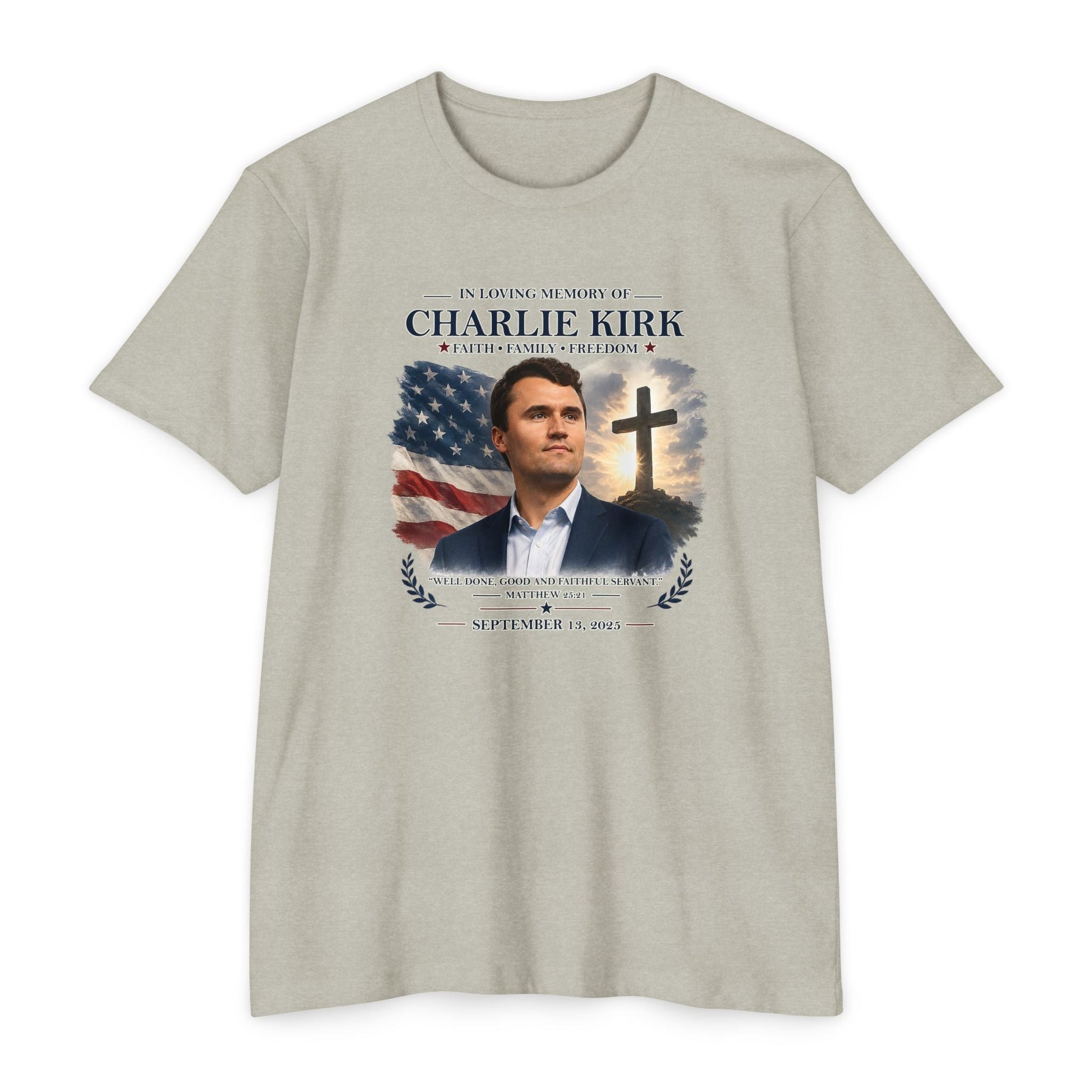 Memorial T-Shirt — "In Loving Memory of Charlie Kirk" Tribute Tee with Flag & Cross - PatriotDepot.com
