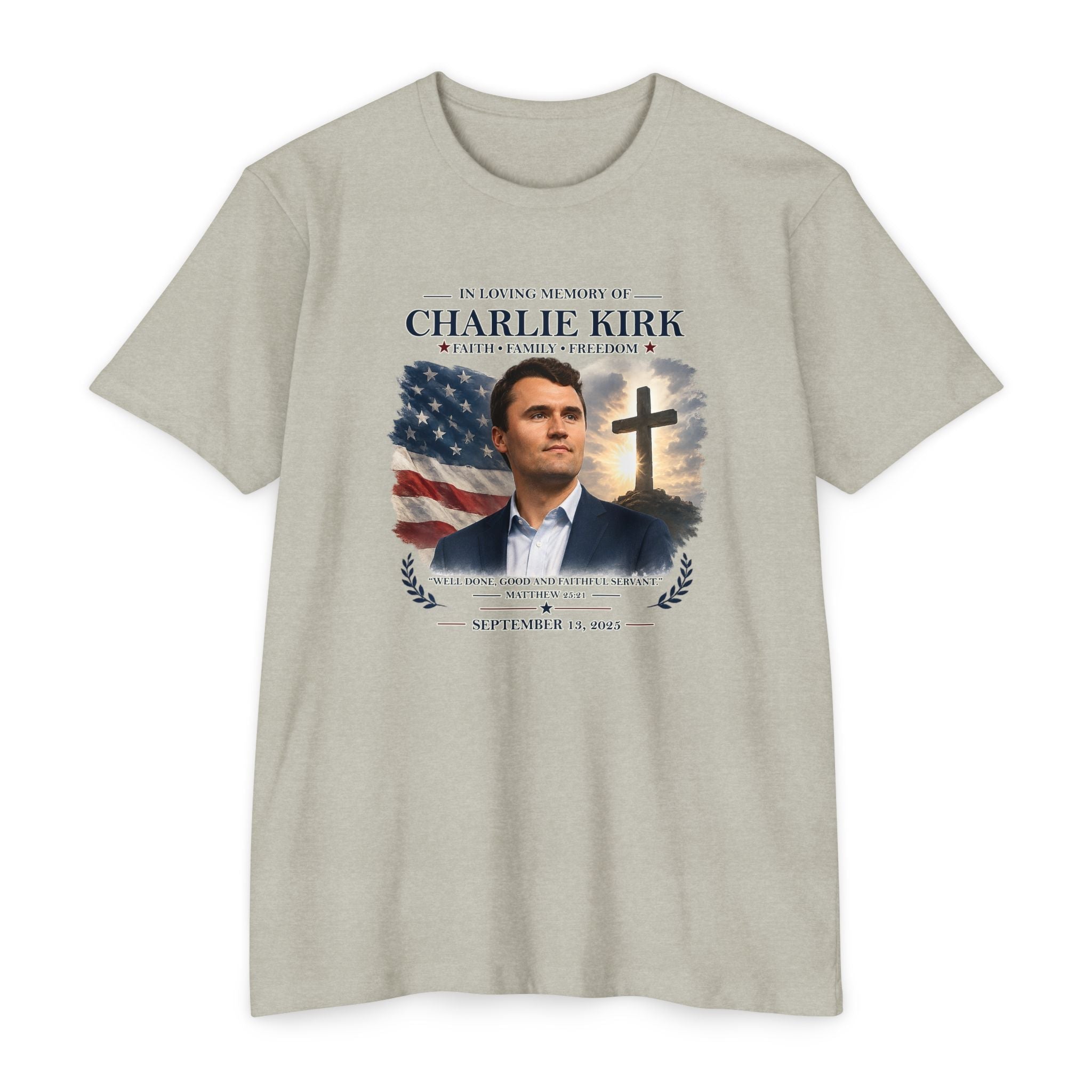 Memorial T-Shirt — "In Loving Memory of Charlie Kirk" Tribute Tee with Flag & Cross - PatriotDepot.com