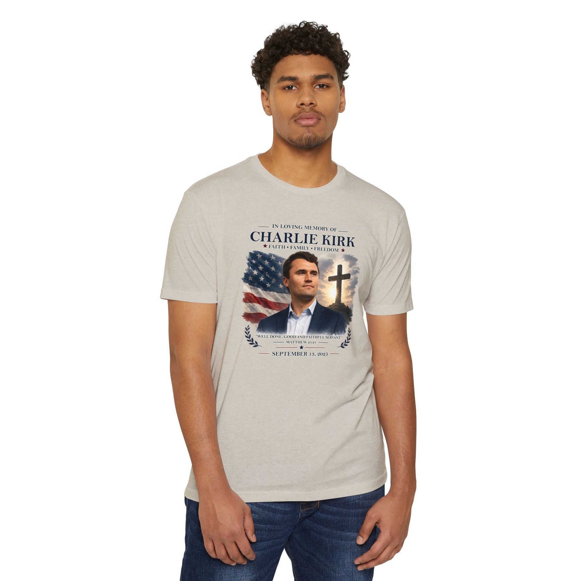 Memorial T-Shirt — "In Loving Memory of Charlie Kirk" Tribute Tee with Flag & Cross - PatriotDepot.com