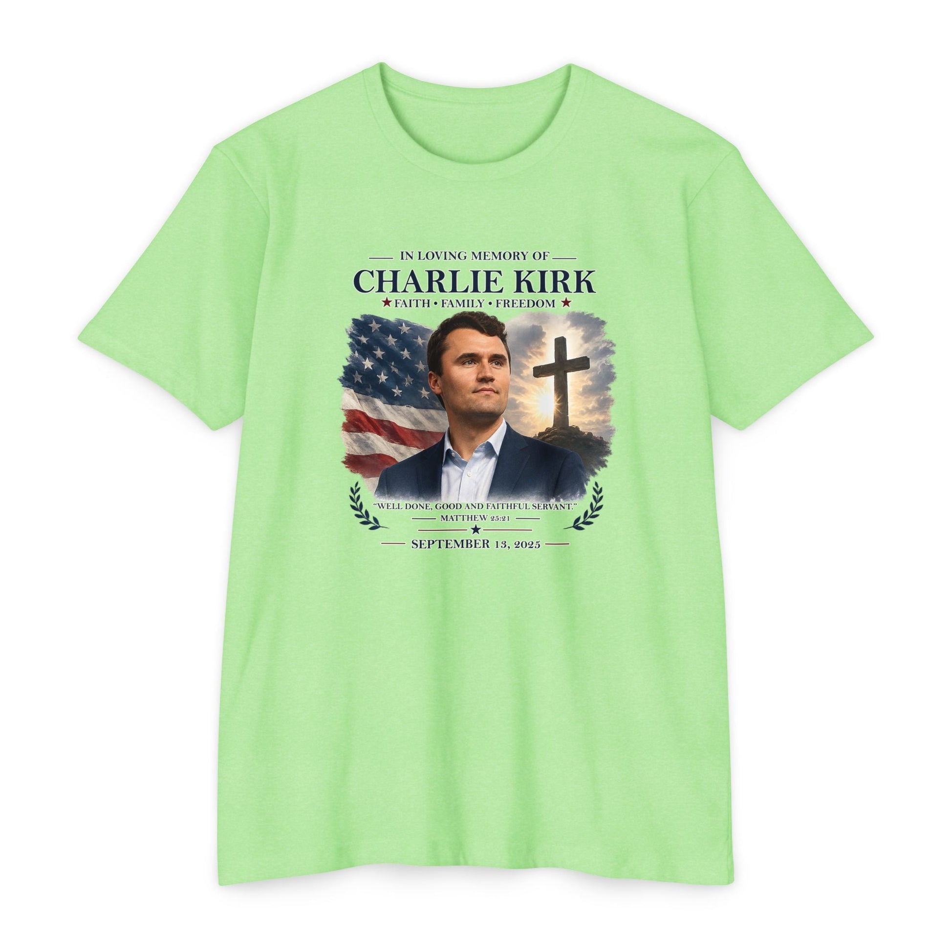 Memorial T-Shirt — "In Loving Memory of Charlie Kirk" Tribute Tee with Flag & Cross - PatriotDepot.com