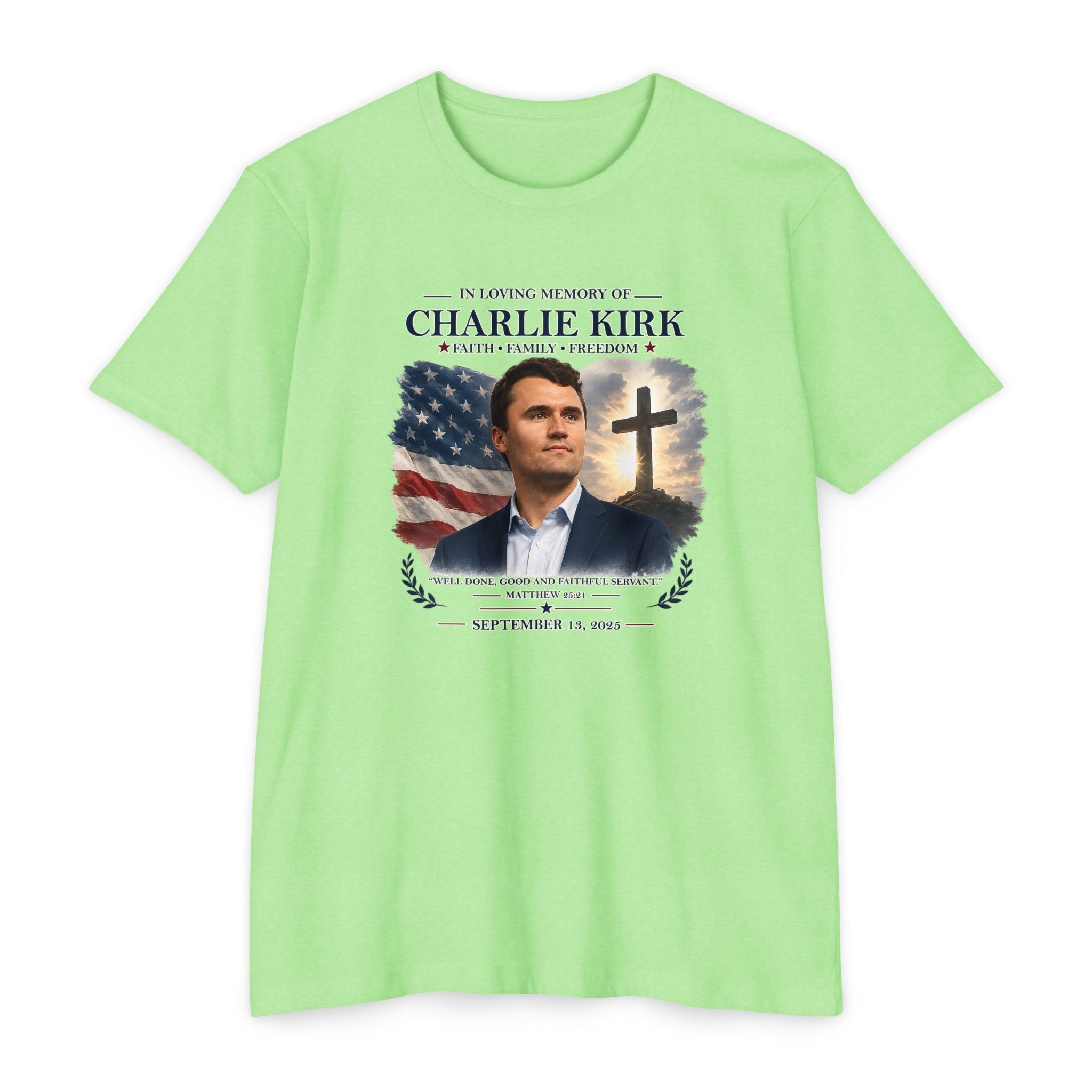 Memorial T-Shirt — "In Loving Memory of Charlie Kirk" Tribute Tee with Flag & Cross - PatriotDepot.com
