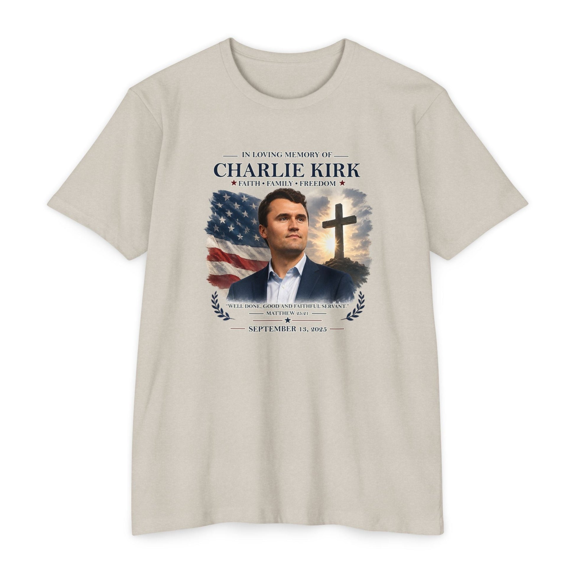 Memorial T-Shirt — "In Loving Memory of Charlie Kirk" Tribute Tee with Flag & Cross - PatriotDepot.com